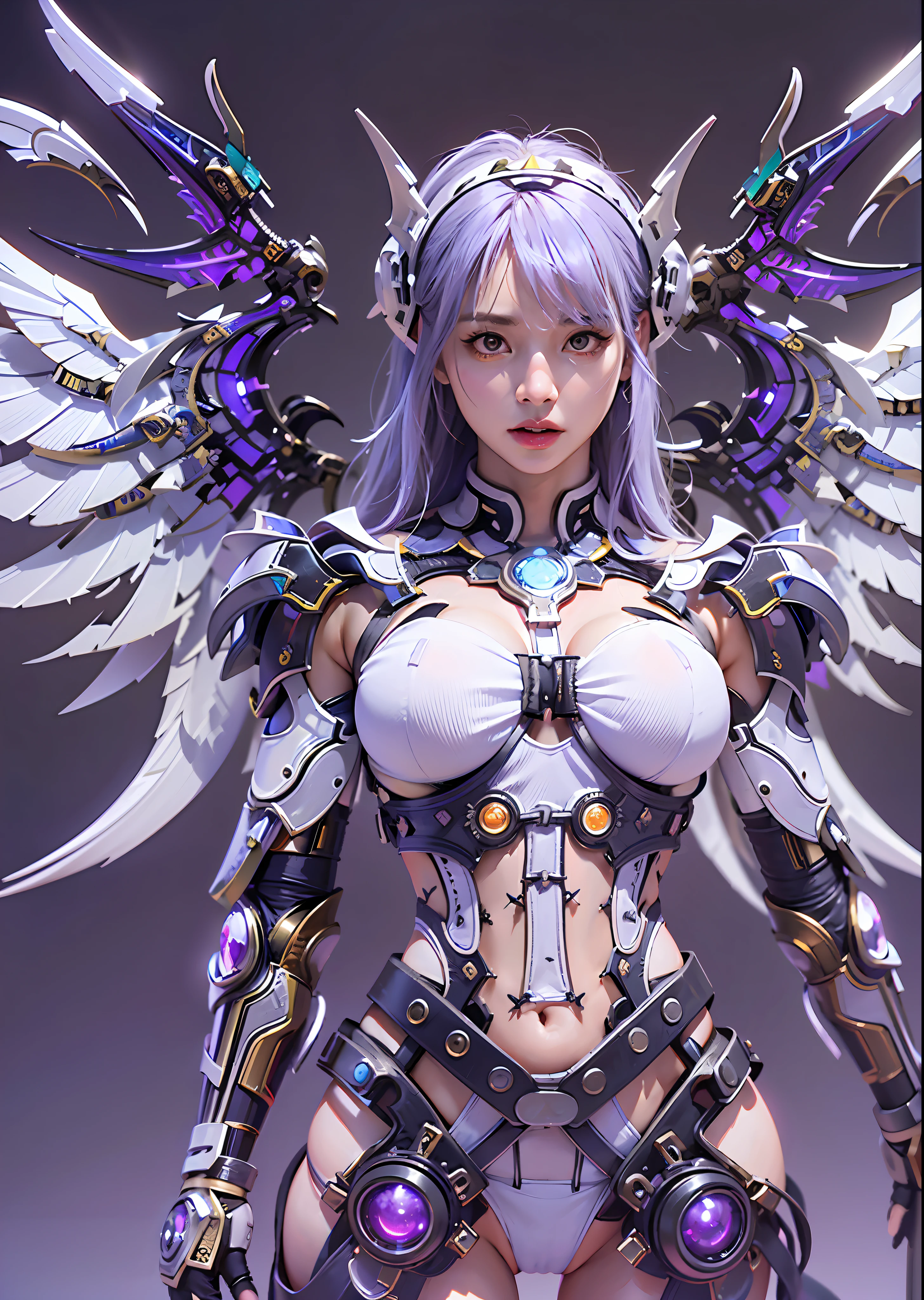 top-quality、​masterpiece、超A high resolution、(Photorealsitic:1.4)、Raw photo、Battle Cyborg Angel、large wings made of metal、White porcelain body、Acrylic Clear Cover、white  hair、glowy skin、1 Cyborg Girl、((super realistic details))、portlate、globalillumination、Shadow、octan render、8K、ultrasharp、character edge light,Colossal tits、Raw skin is exposed in cleavage、Details of complex ornaments、Greek Detail、Hydraulic cylinder、Small LED lamp、highly intricate detail、Realistic light、a purple eye、radiant eyes、Facing the camera、neon details、cowboy  shot、Futuristic headgear、About Cyberpunk、、