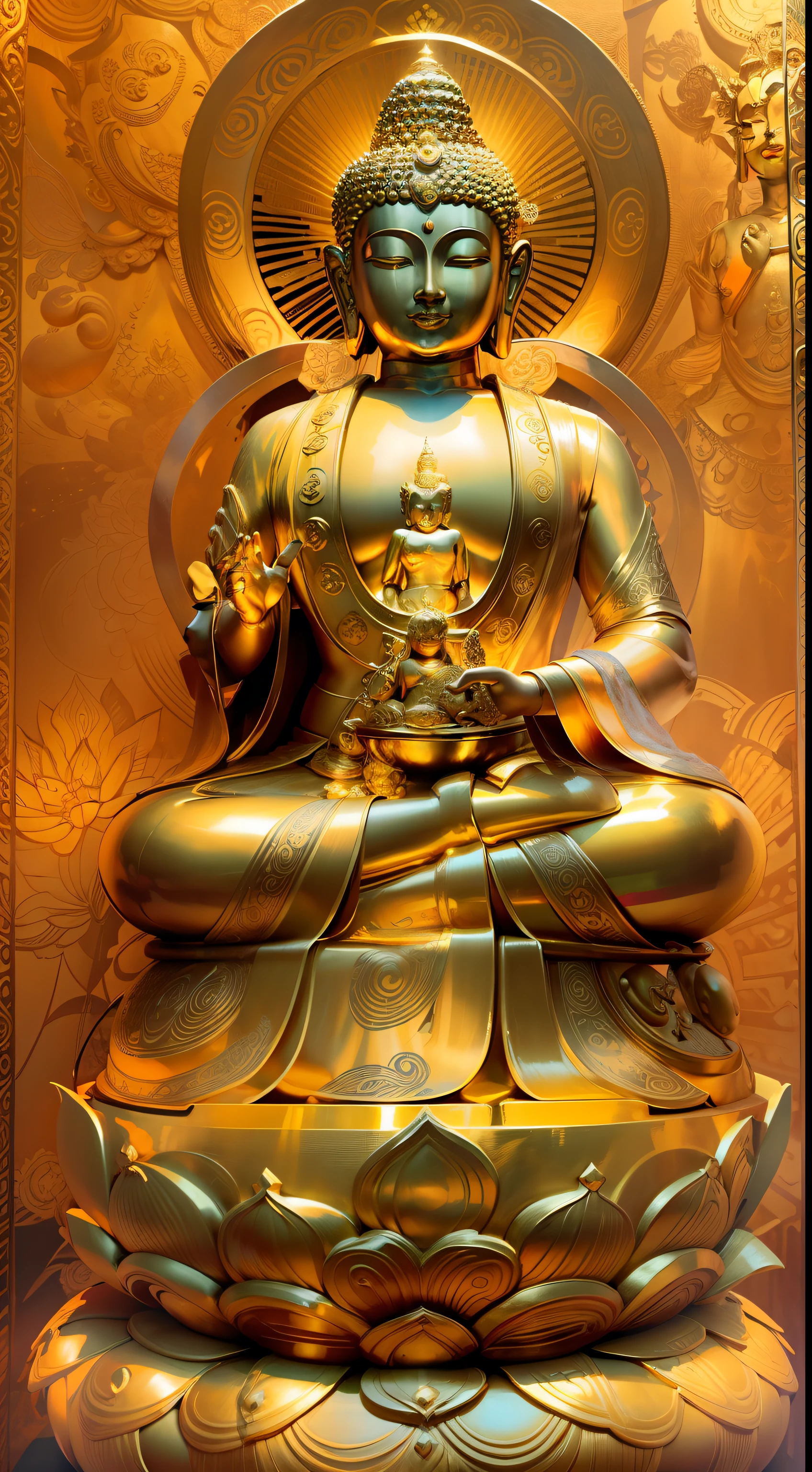 Golden Buddha statue with a shining halo on it, buddhism, the buddha, budista, Buddha, samsara, enlightenment, beautiful gold saint, Spiritual enlightenment, Pushkarakuha, Enlightenment, buddhist art, Shining golden aura, Enlightenment. Convoluted, on path to enlightenment, on path to enlightenment, radiating golden light
