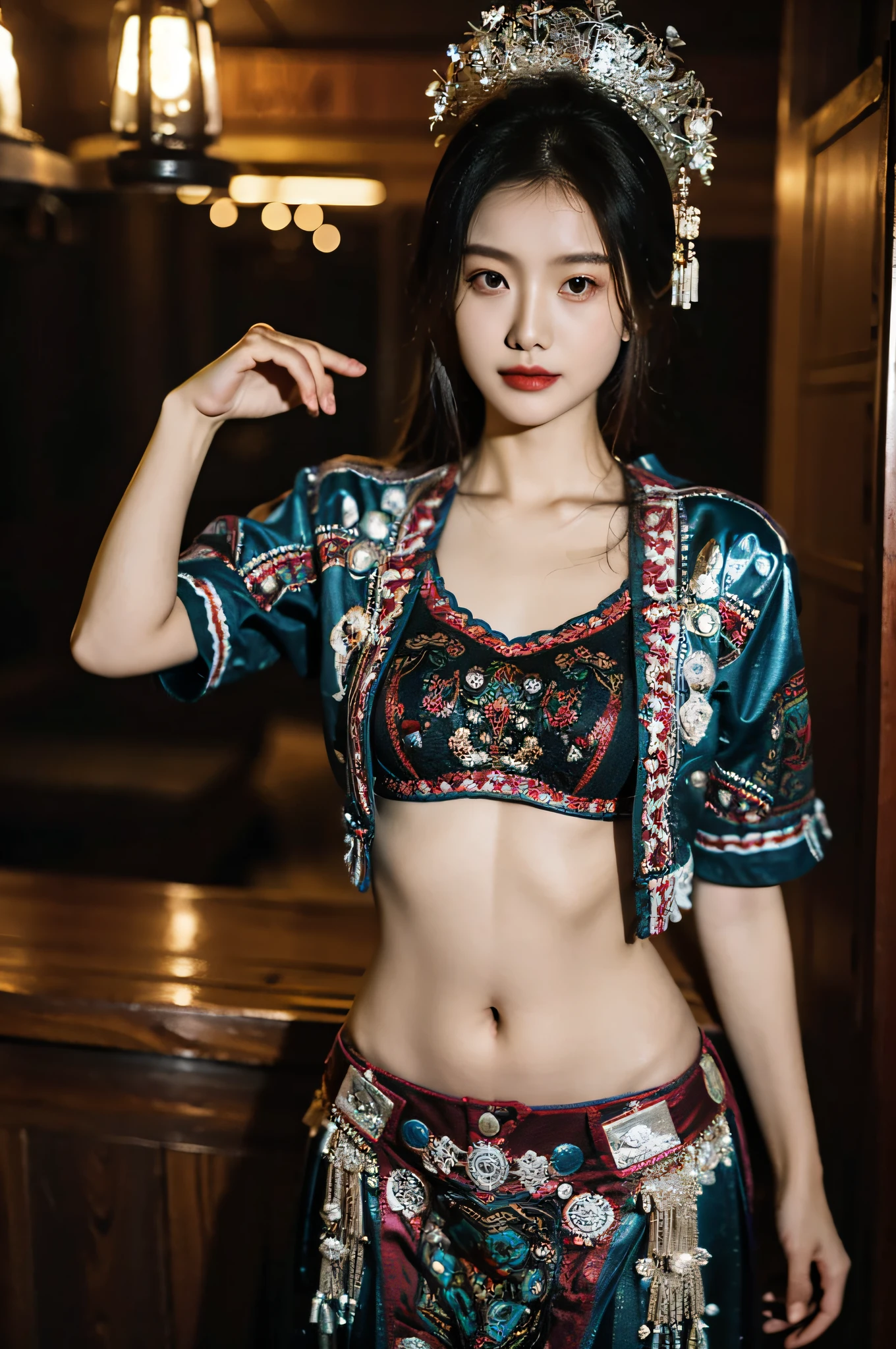 （Hyperrealistic,）4K,35mm，hyper-high detail, Professional lighting, Best quality, 超高分辨率, Visually stunning, (1girll:1.1), （Hmong clothing ）,realskin,（Perfect body 1.3）（Ultra-delicate face），Open navel