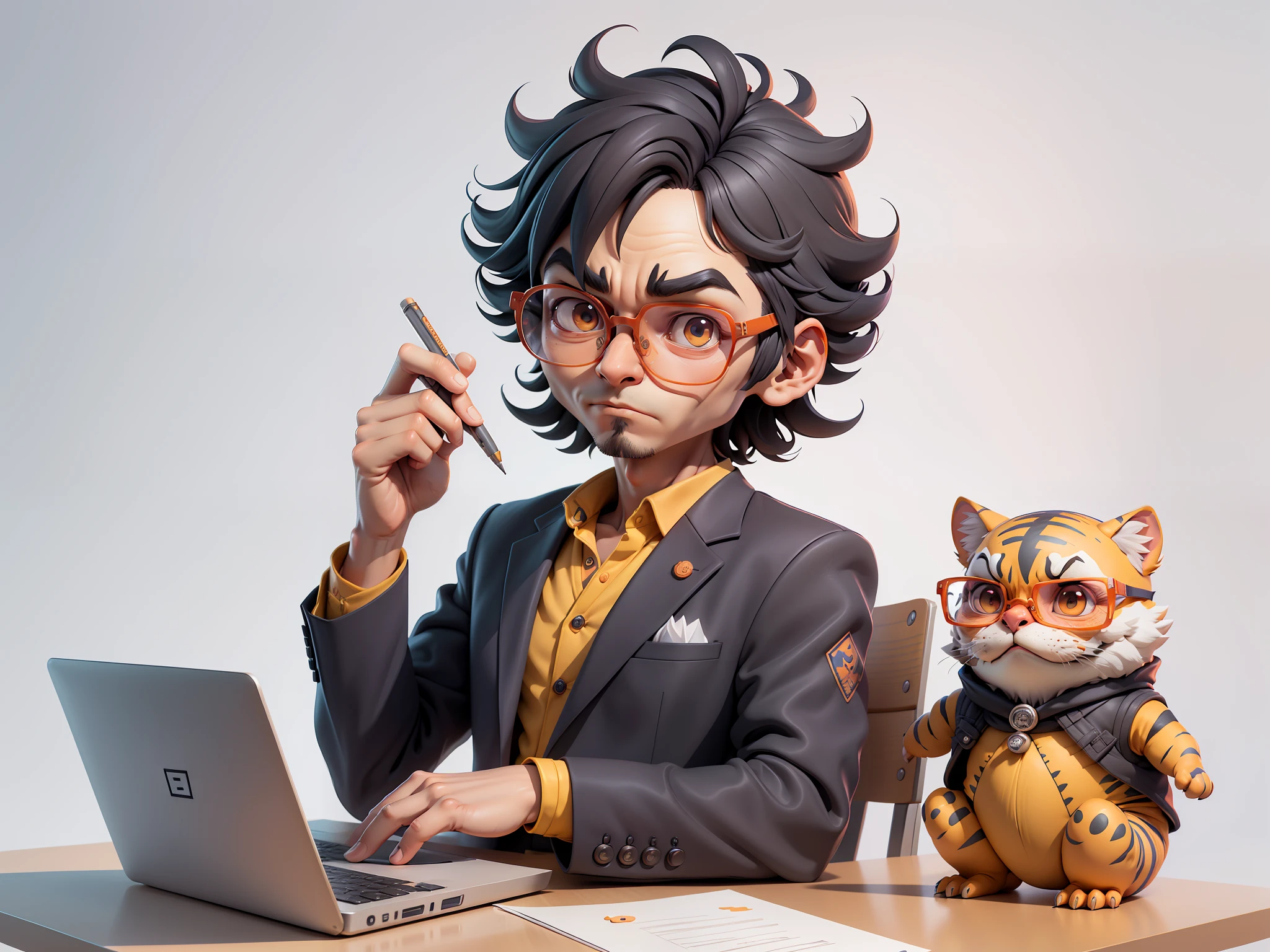 A young man in a suit, Short hair and glasses sat at his desk，holding laptop，digitial painting，tigre，3D character design by Mark Clairen and Pixar and Hayao Miyazaki and Akira Toriyama，4K HD illustration，Very detailed facial features and cartoon-style visuals。