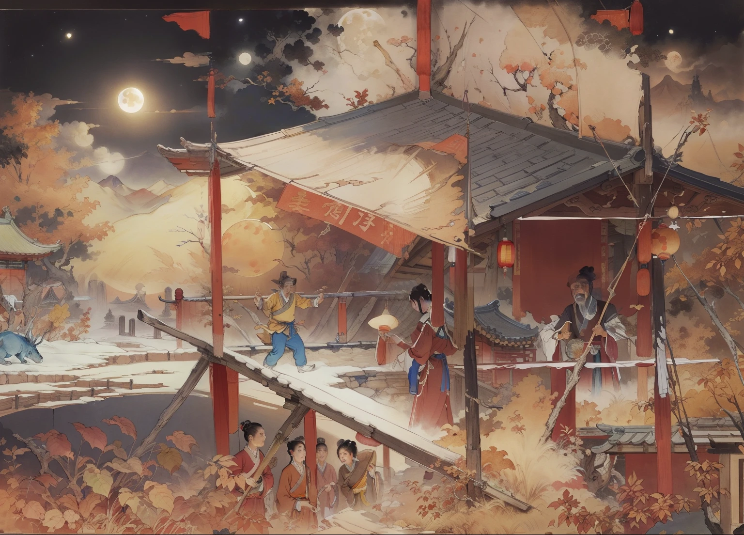 Ancient Chinese landscapes，Ancient buildings，Pavilions，Carved beams and paintings，enchanting scenery，Night，Moon light，Layered, Rich light and shadow,Mid-Autumn Festival, Ink painting style，clean color，Low-saturation colors，Colors of low brightness，Decisive cut，Leave white space，impressionistic，tmasterpiece，ultra - detailed，Epic composition,  HighestQuali，hyper realisitc，Art germ --v 6