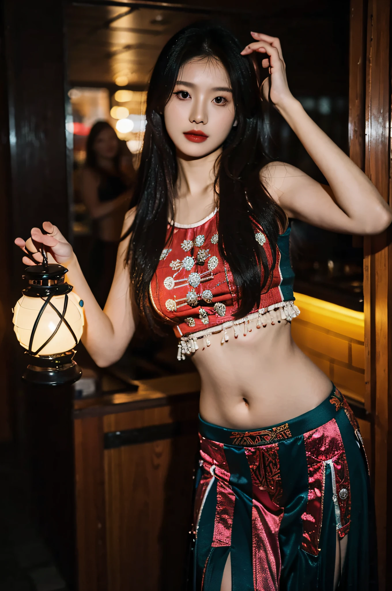 （Hyperrealistic,）4K,35mm，hyper-high detail, Professional lighting, Best quality, 超高分辨率, Visually stunning, (1girll:1.1), （Hmong clothing ）,realskin,（Perfect body 1.3）（Ultra-delicate face），Open navel