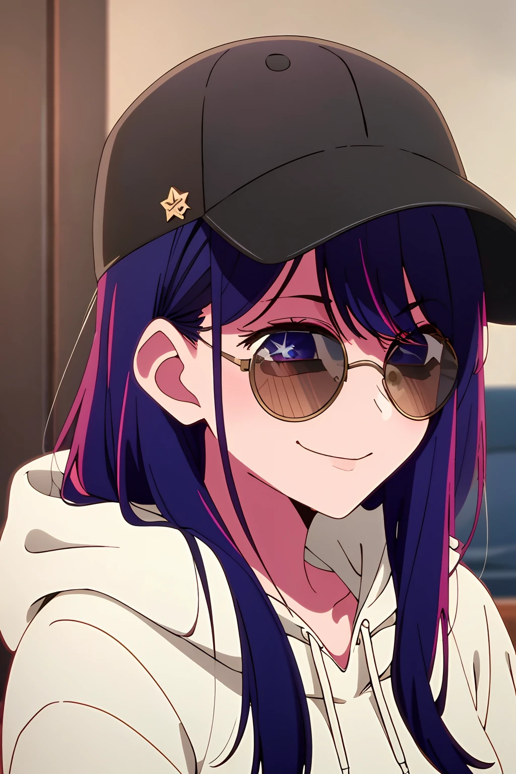 masterpiece、ighly detailed、(1 girl in:1.2)、purple color hair、White hoodie、big eye、a closeup、A smile、8K、Ai Hoshino、Black hat((caps))、(((Round black sunglasses)))