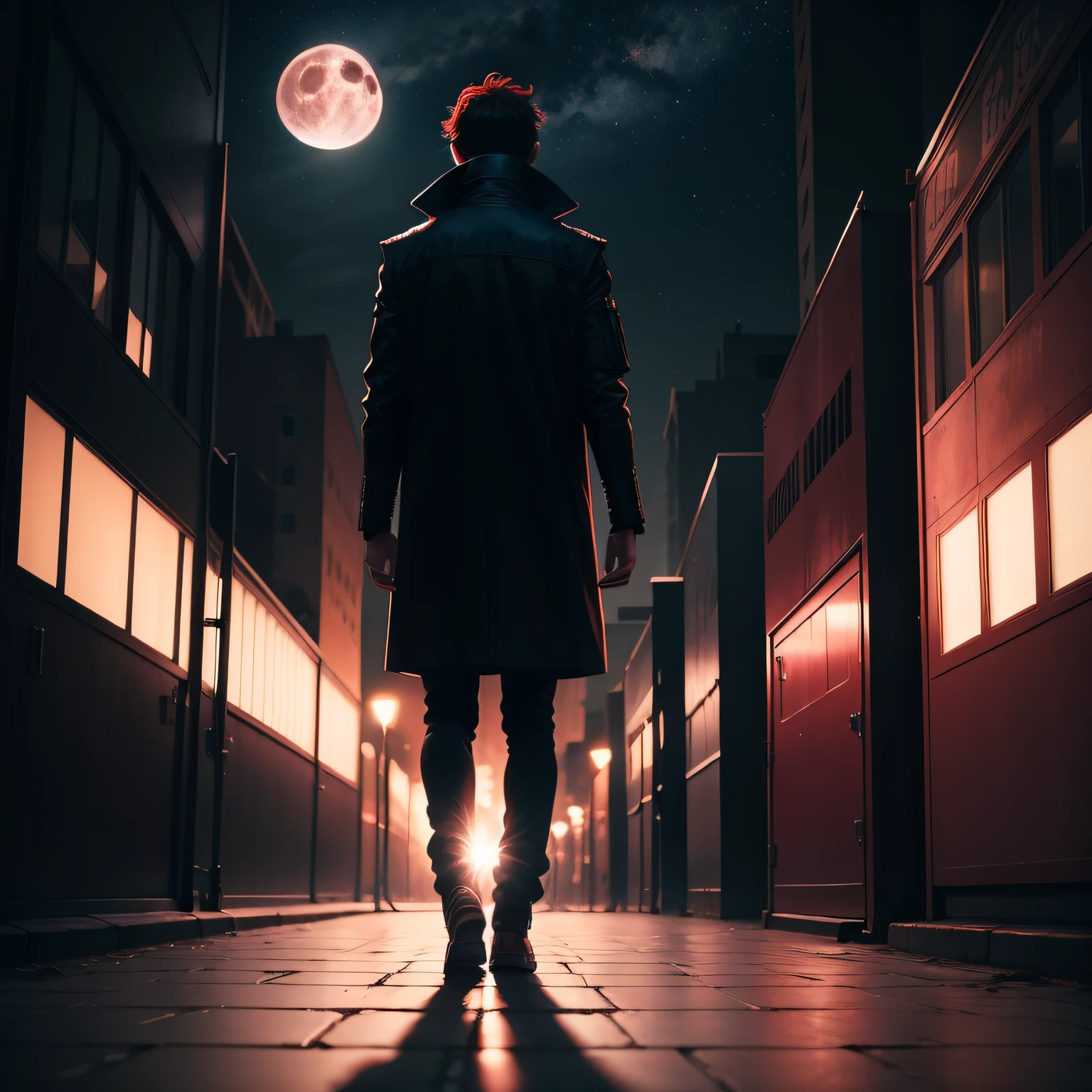 In the middle of the dark city, there is a person standing on an open square. The sky is red and the moon is very strange