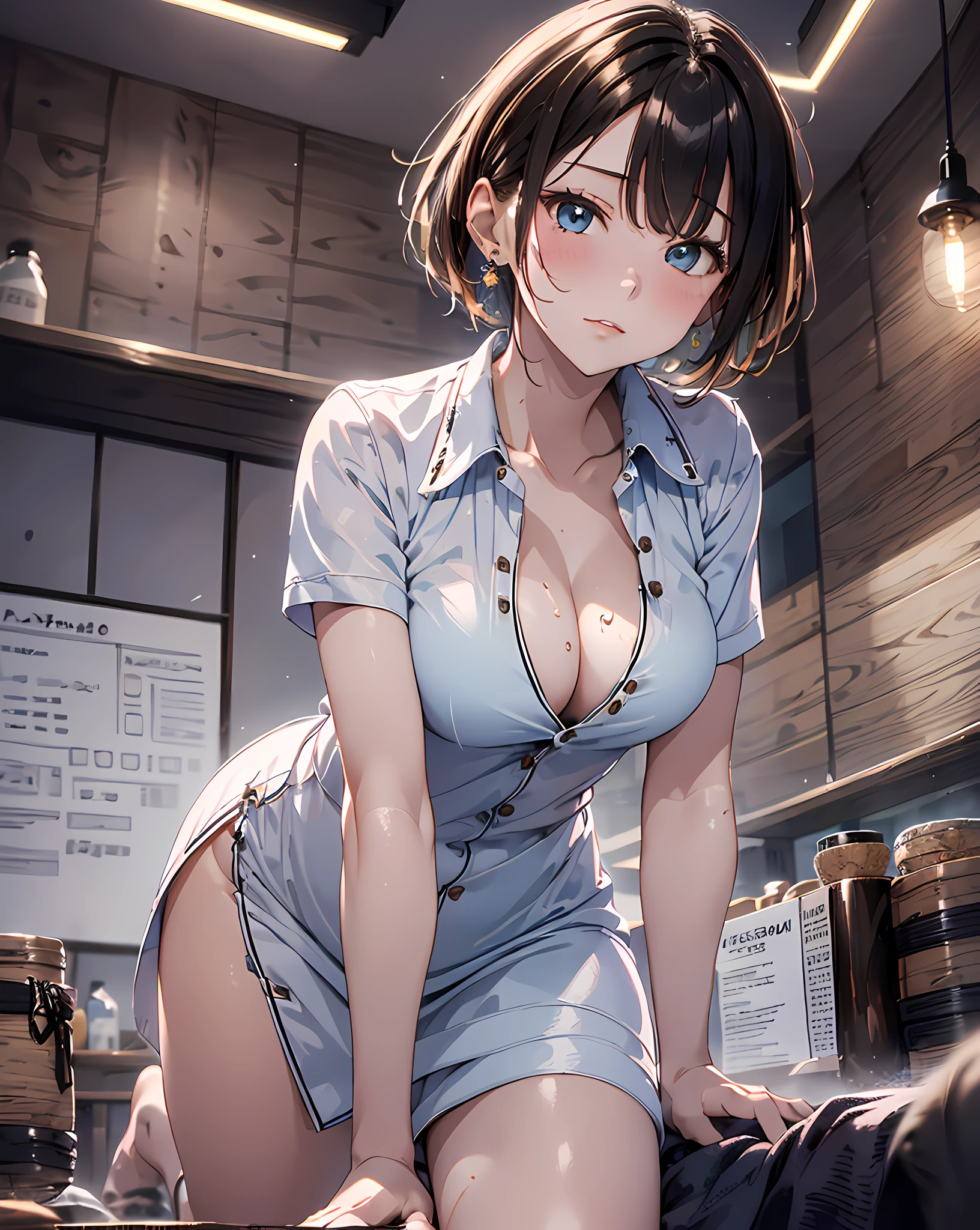 (masterpiece, best quality:1.37), highres, ultra-detailed, ultra-sharp, BREAK, (From Below:1.2), 1girl, (((girl on top,:1.3))) (leaning forward:1.3),
BREAK
(((1girl:1.37, solo))), (beautiful anime face, cute face, detailed face), (blonde hair, thin hair, short hair, bangs, hime-cut), detailed beautiful cyan eyes, 
BREAK
short sleeve, (red satin Chinese dress), (esthetician uniforms:1.3), (cleavage cutout), (open shirt),  (oil skin), (shiny skin), 
BREAK
(Private esthetic room, in beauty salon, on bed:1.1), 
(Many bottles of aroma oil:1.0), 
(many brown towels:1.2), 
BREAK
dark room, indirect lighting, (night:1.3),