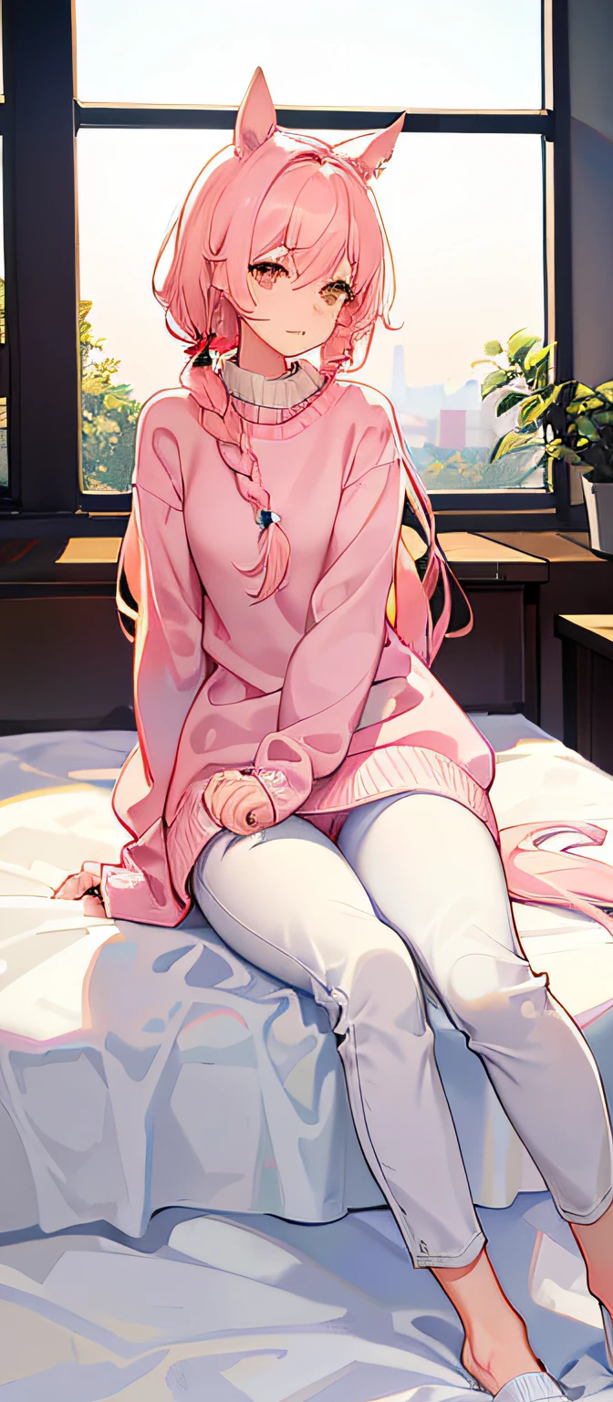 white panties,dual horsetail,sit on a bed,denimpants with pinksweater,Bare legged,The lower body is naked,with fair skin,is shy,Raised sexy,Fuller
