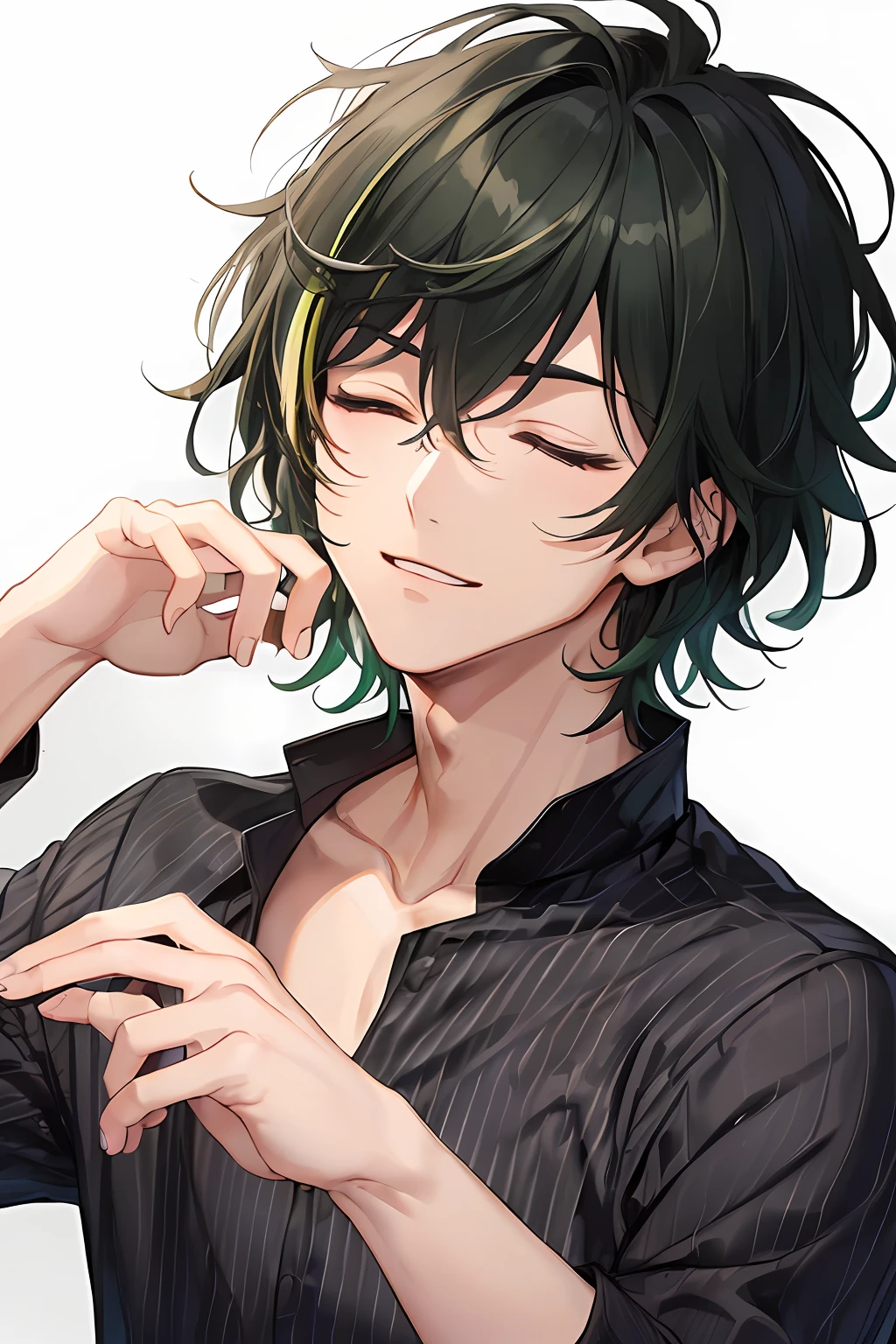 (top-quality、in 8K、32K、​masterpiece、nffsw:1.3)、((closed eyes))、jitome、Zito-order KK,(Black hair)、 top-quality, detaileds, ​masterpiece, (((1boy))), Dark hair、(green streaked hair、black highlights hair、A dark-haired、Black hair with green highlight hair)、Laughing、a smile、handsome man、portraitures, male focus、Facing the front、独奏, bangss, looking at the viewers,, shorth hair,  (Plain white background), manicure, opulent, 8K, detaileds, depth of fields, 电影灯光,male people、Cool guy、twinks、Rough loungewear、Wearing a jersey