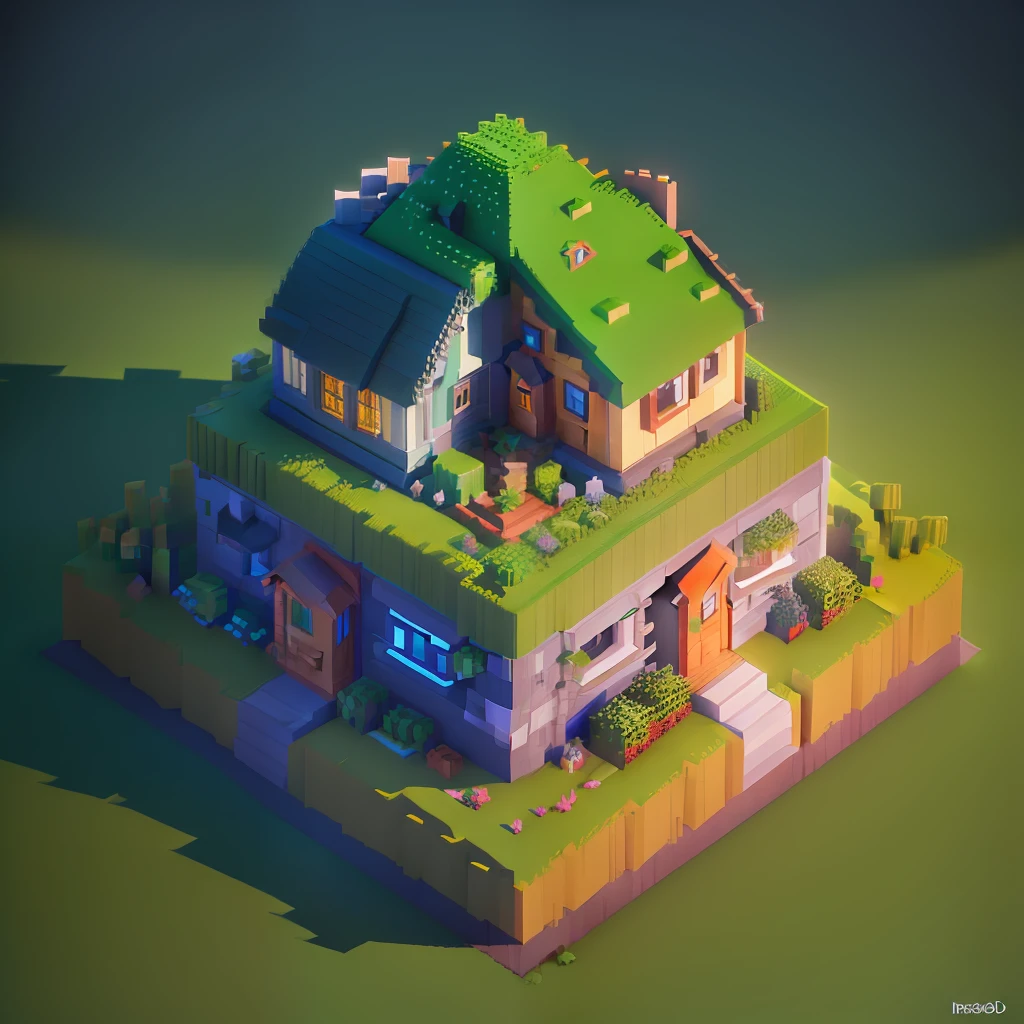 Close-up of small house with green roof, stylized 3d render, 3 d render stylized, isometric voxel art, stylized as a 3d render, realistic 3 d style, super detailed color lowpoly art, high quality voxel art, isometric voxel, 3 d low poly render, 3d low poly render，Mechanical style