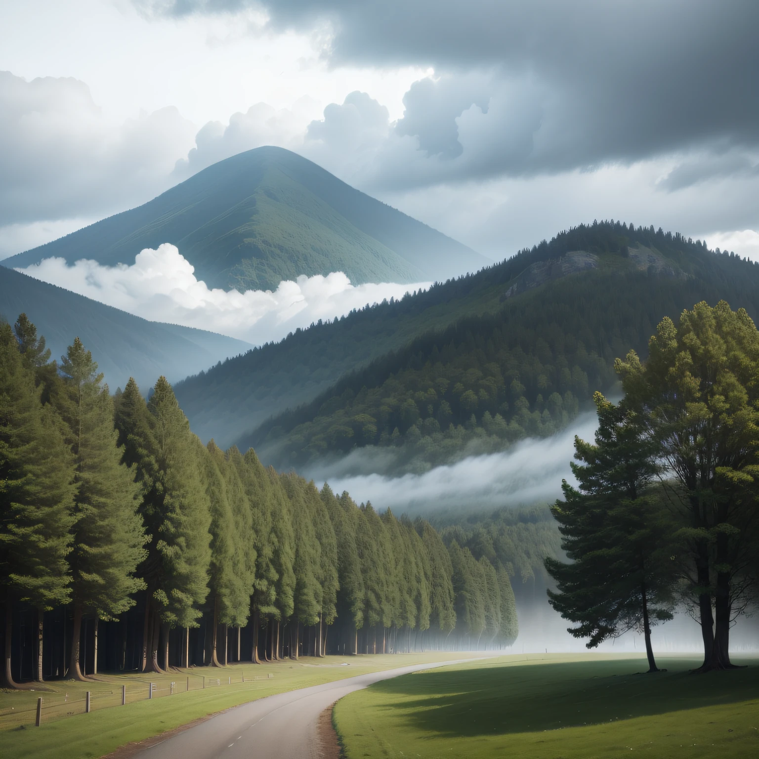 plane trees,Close-up view of the woods,In the distance are mountains,surrounded by cloud,Foggy rain,great outdoors,in a serene landscape