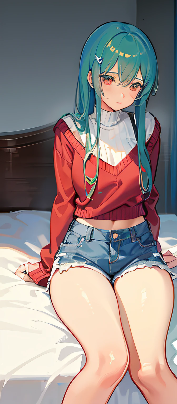 dual horsetail，sit on a bed，denimpants with pinksweater，Bare legged，with fair skin，is shy，Raised sexy，Fuller