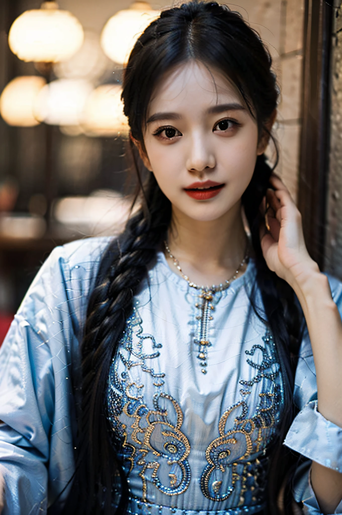 （Hyperrealistic,）4K,35mm，hyper-high detail, Professional lighting, Best quality, 超高分辨率, Visually stunning, (1girll:1.1), （Uyghur clothing 1.3 ）,realskin,（Perfect body 1.3）（Ultra-delicate face）