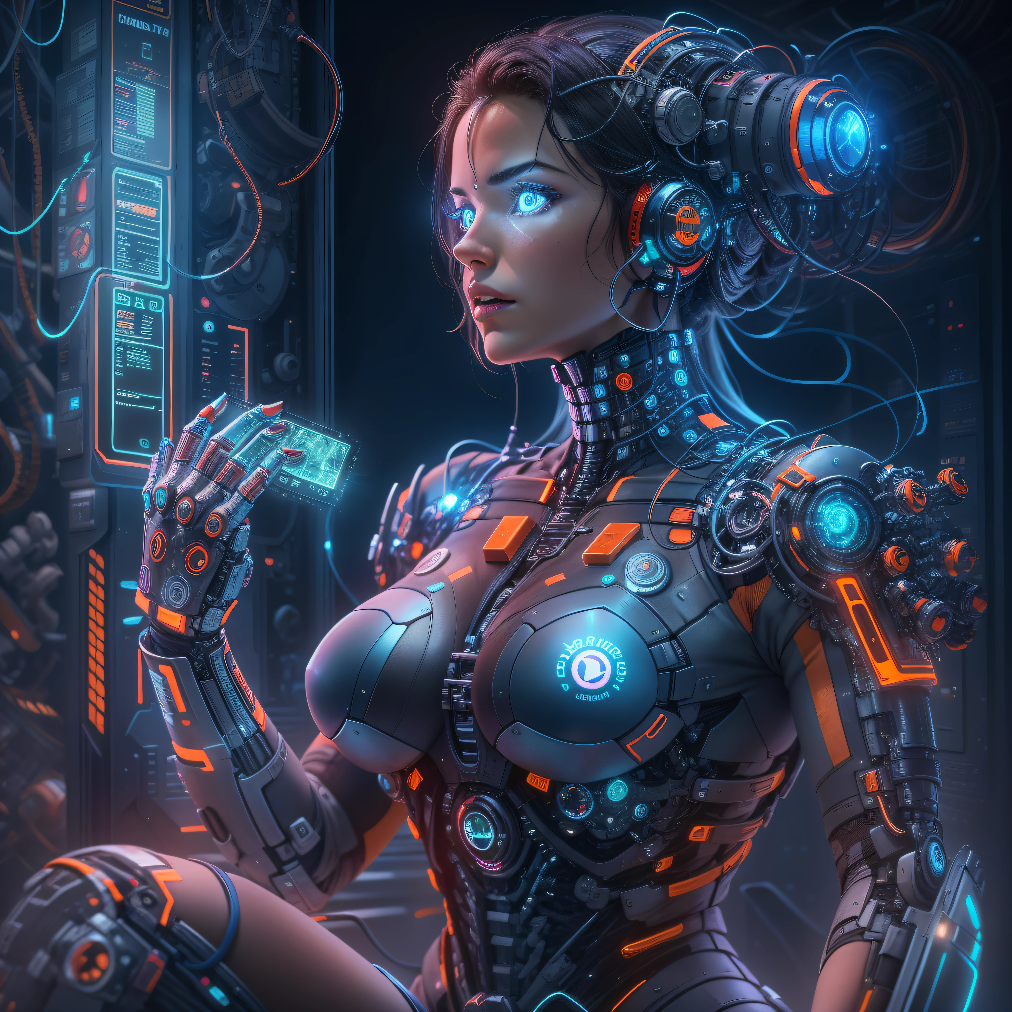 mujer cyborg exuberante y voluptuosa echa de cristal que deja ver su interior, repleta de motores, reles. circuitos y luces indicadoras led de color verde,azul y rojos. fondo sala de control de spacecraft. (( manos y dedos perfectos)).