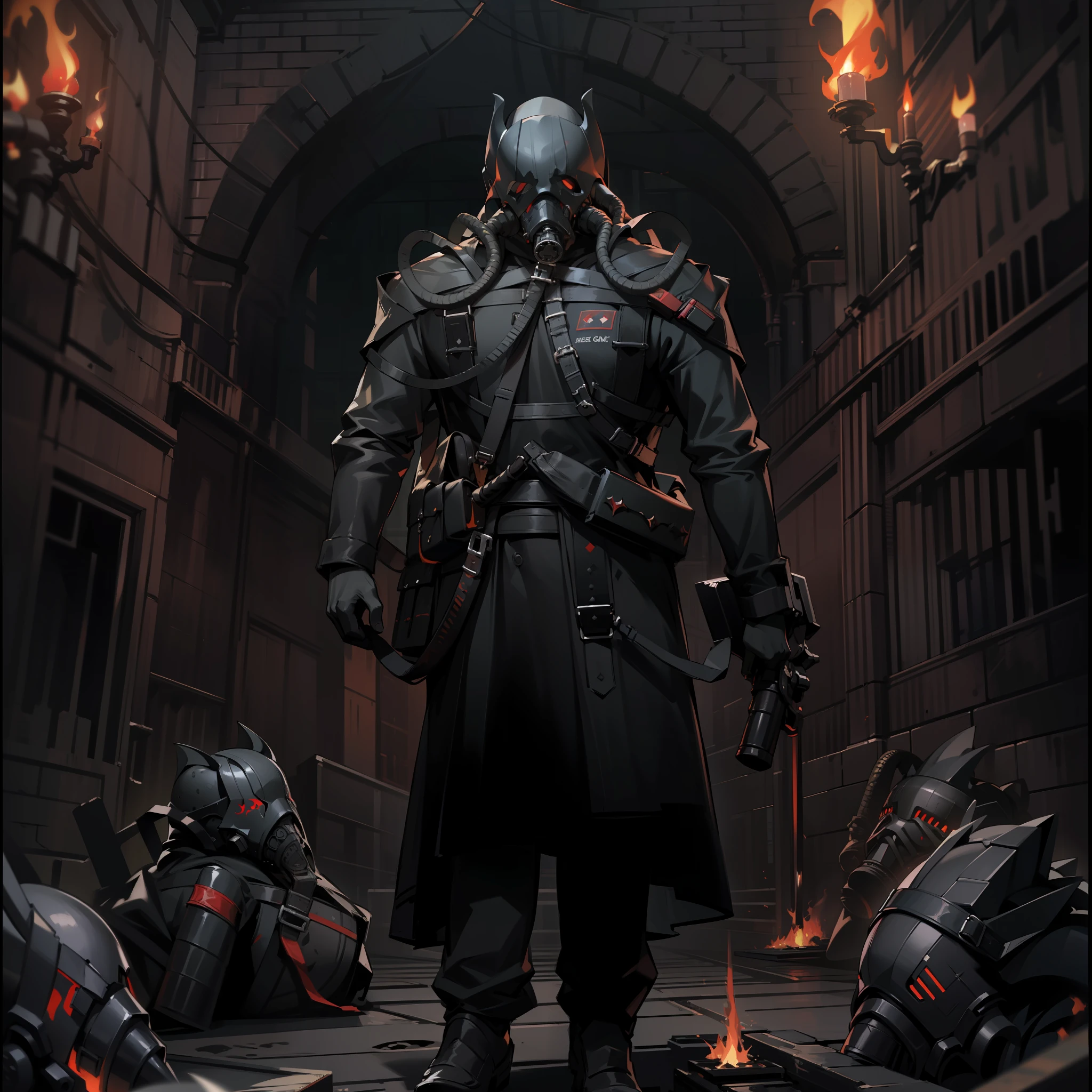 (absurdres, highres, ultra detailed),(Masterpiece, best quality:1.2),1 man,dark knight,raid boss, surrounded by darkness,gas mask, dungeon,dark,fire