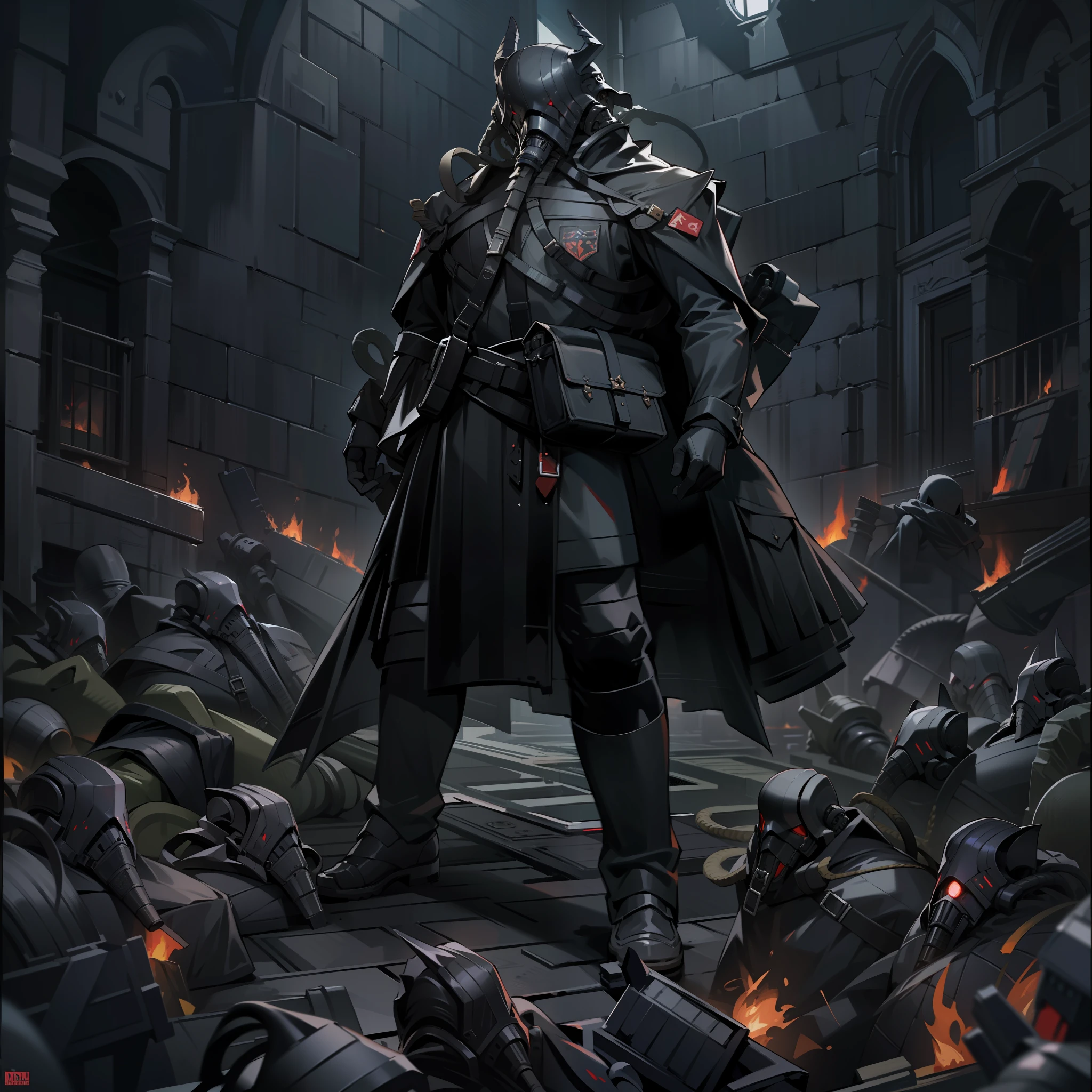 (absurdres, highres, ultra detailed),(Masterpiece, best quality:1.2),1 man,dark knight,raid boss, surrounded by darkness,gas mask, dungeon,dark,fire