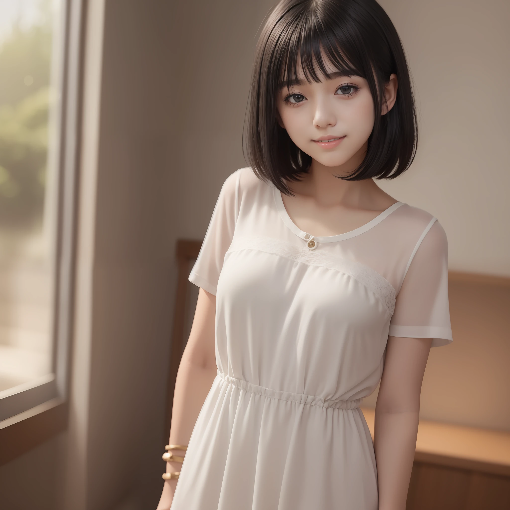 Image of beautiful age girl with top quality CG illustration。In high resolution、Beautiful fine details、tranquil atmosphere。(((Black Hair Bob Hair)))、Cute smile with mouth closed。Girl in white light short sleeve dress standing in room。