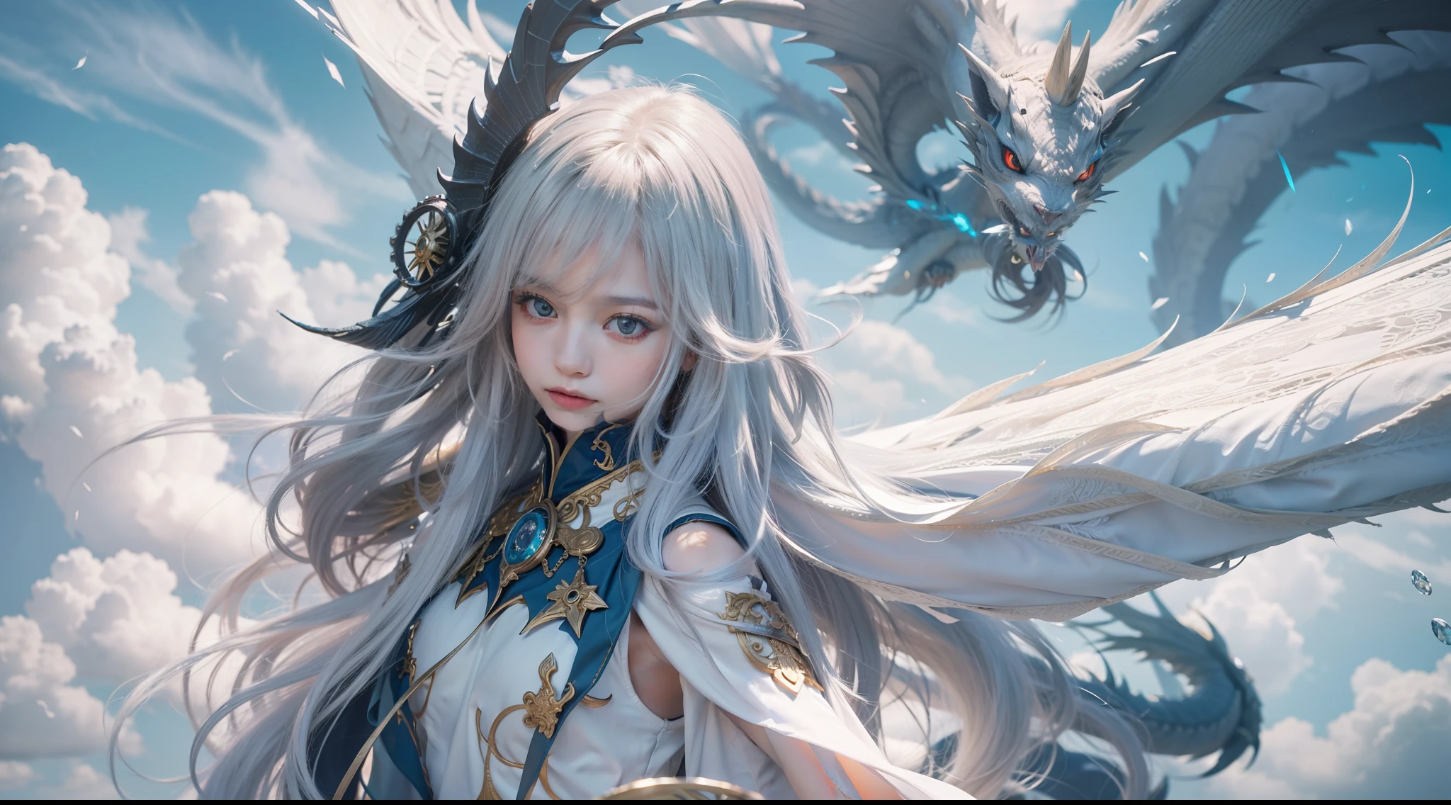 Above the rising clouds,Night, Dark, (Fantasy),infinite,deep blue sky,The abyss of knowledge,Cowledge,((masutepiece)), (((Best Quality))),((Beautiful fine eyes)),(Eye lashes)、Realistic clouds、Very beautiful face、The ultra -The high-definition、Beautiful girl flying in the sky with giant white dragon、(1人)、Black hair、The long-haired、abyss eyes、glowy skin、oils、small tits、Perfect human body structure、Wizard robes、tattered cloth、Realistic coat、Tee、Super delicate CG Unity 32k wallpaper、photoRealstic、masterpiece, ((ultra-detailliert)), ((illustratio)),colourfull,wall-paper,The energy,Unknown terror,Incomprehensible,Around the magic,Magical surroundings,magic wands,Boken,Flying pages,Know everything,Predict the future、Get to know the past、Infinite wisdom、blue flames、Warlock、magic circles、Pentagram、Spells、mantra、Singing magic