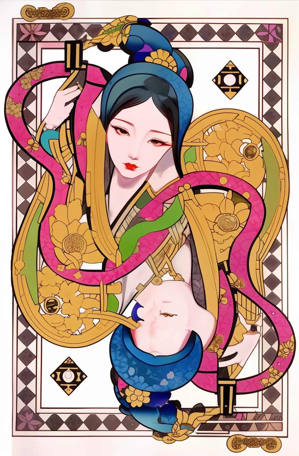 A drawing of a woman playing an instrument with a snake, symmetrical tarot illustration, inspired by Utagawa Kunisada II, inspired by Utagawa Kunisada III, inspired by Utagawa Kunisada, tarot card the empress, chinese empress, tarot design, high detal + tarot cards, inspired by Gao Kegong, inspired by Wang Yi