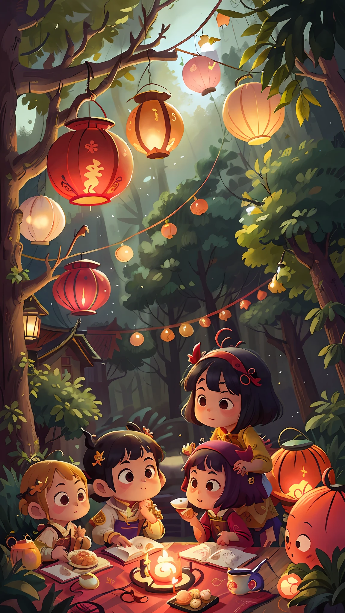 Style is not limited,Traditional cultural elements、lanterns、Warm dinner scene、Moon cake、edgBunny、Packaging product display、photography of,color:warm color,the night,The character:Gamine、Chang'e,twogirls