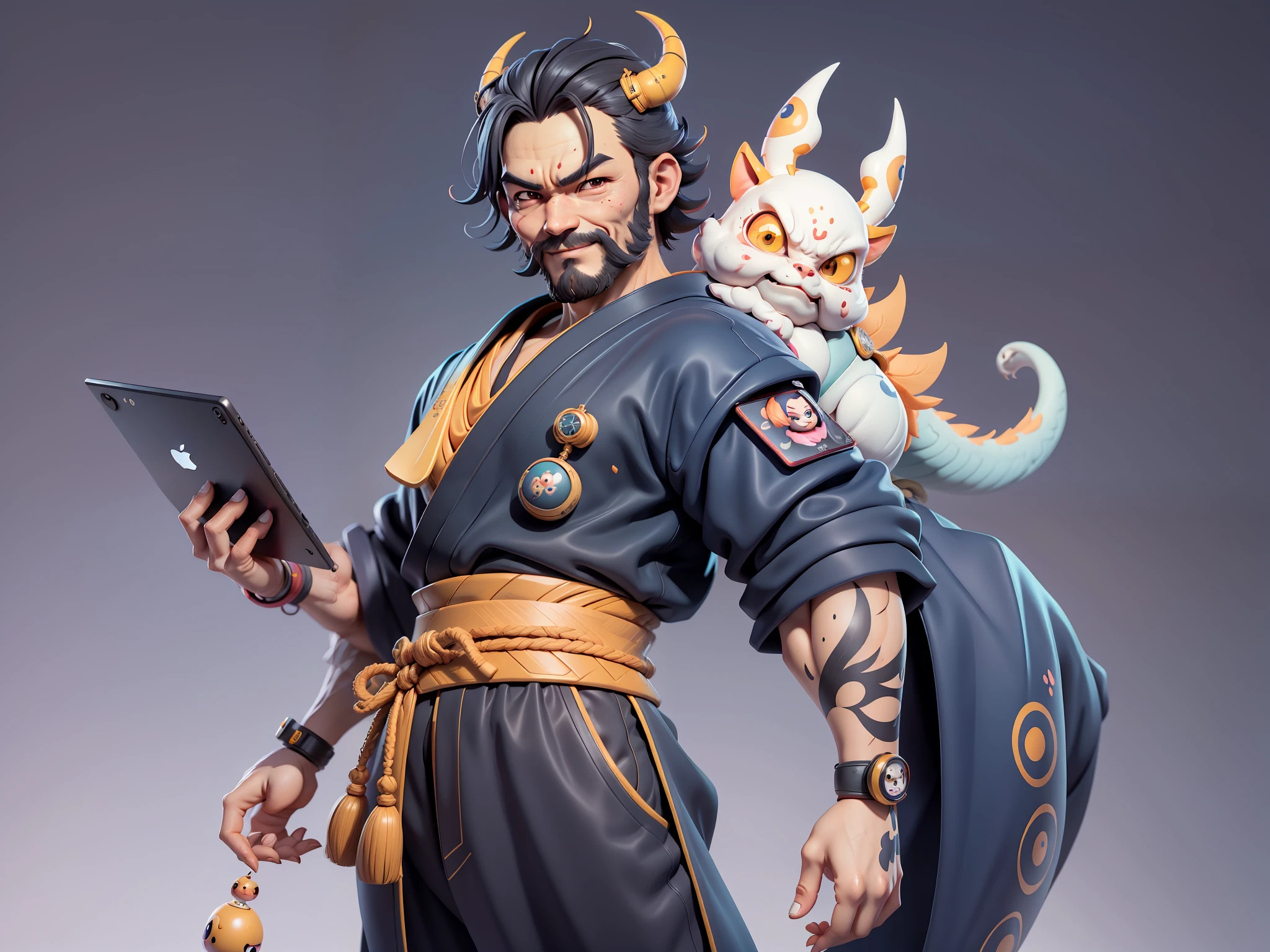(Daisaku),(Need),(Super meticulous),(full bodyesbian:1.2),Japanese ukiyo-e girl，japanese geisha，Beautiful，Oriental dragon，Aeolian Thor，Raised sexy，爆乳，Oriental face，TV Anchor，Bust portrait illustration，Alone，In black suit，a blue tie，The face is slightly chubby，The face was clean，without a beard，Black super short hair，Black eyes，Smile confidently，3C computer sub-products，iPad， iphone，Digital painting，3D character design by Mark Clairen and Pixar and Hayao Miyazaki and Akira Toriyama，The illustration is a high-definition illustration in 4K resolution，With very detailed facial features and cartoon-style visuals。
