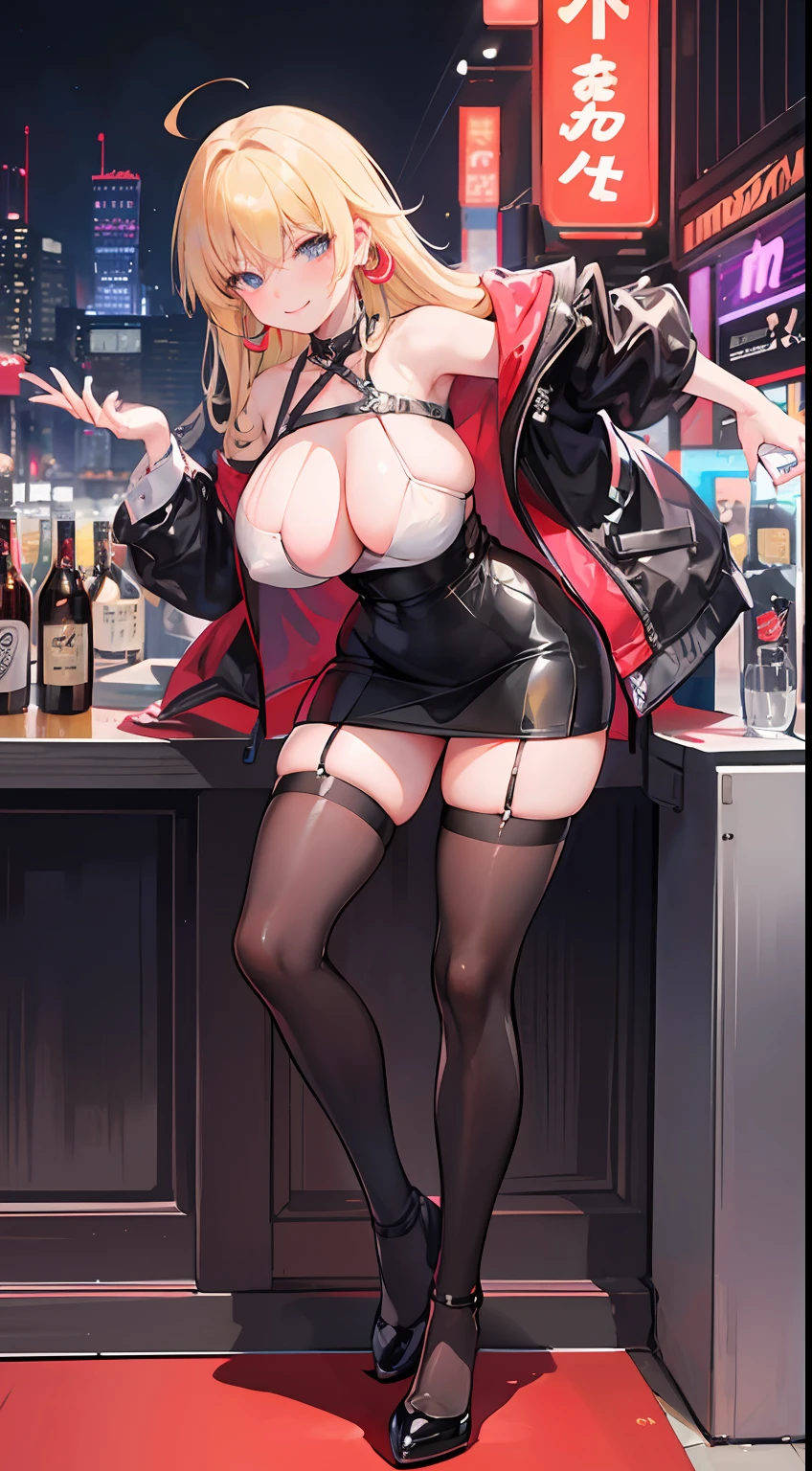 1 mature female、(((A MILF)))、full body Esbian、((A smile))、hoop earings、blonde  hair、Milk tea colored hair、(Colossal tits)、Tight-fitting clothing、a short skirt、fishnet tights、night life、nightcity、cyberpunkcity、futuristic city street、Neon light、(Skyscraper:1.1)、Tokyo Tower、Palm trees、Cloth Signs、Ramen stall、nightclubs、Bright city lights、Exotic cars、alcohol、bars、alcohol BOTTLE