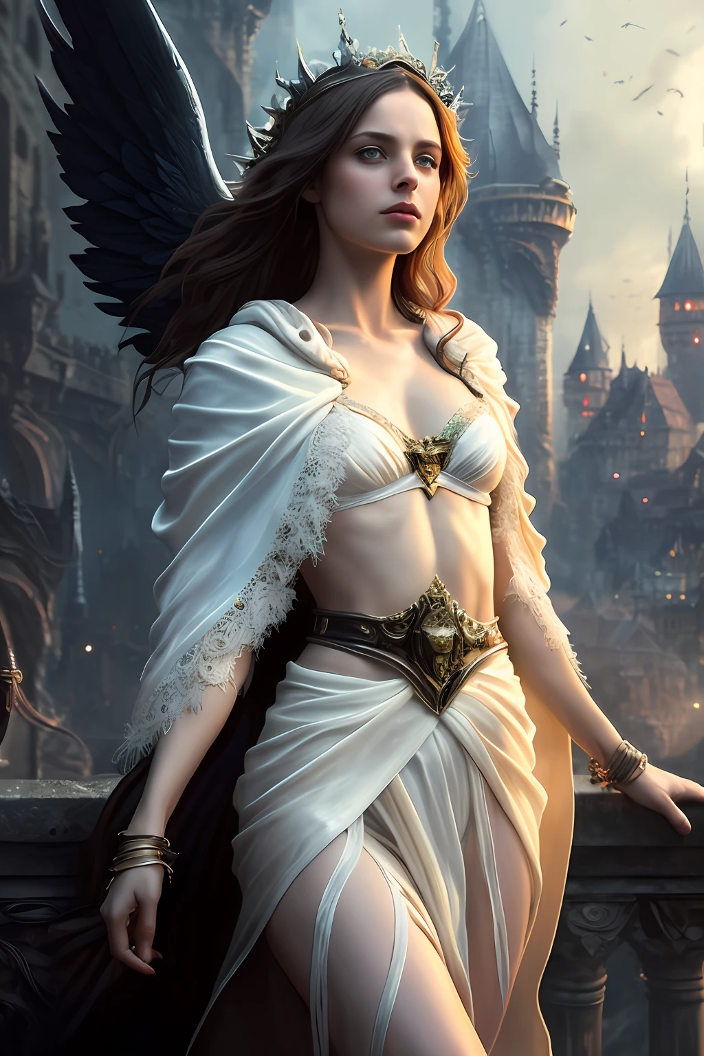 full - body: 1.6, (((Posture of walking facing the viewer, Slow motion, (Rogue thief: 1.2) The woman))), (((The face is sad))) multi-layer cross-linked, (((white silk cloak))), (intricately patterned cloth: 1,2), (insanely detailed, Blossoming: 1,5), (topquality, Alessandro Casagrande,
by Greg Rutkowsky, Sally Mann, ConceptArt, 4k), (og:1.2), (High Sharp), (Detailed pupils:1.1), (painting:1.1), (digitalpainting:1.1), detailized face, eyes and body, tmasterpiece, beste-Qualit, (Highly detailed: photo:1.1), 8K, photo-realistic, (long lush hair, ecst (A young woman:1.1), by Jeremy Mann, by sandra chevrier, by maciej kuciara, Sharp, (the perfect body:1.1), realisti, A real shadow, 3d, (Background of the Castle of Europe:1.2), (Michelangelo), the angel of death, Innocent, eyes, diadem, angel wings, black clothing, full - body, Hands Behind Your Back, The sky, Halo, postapocalypse, Detailed armor
