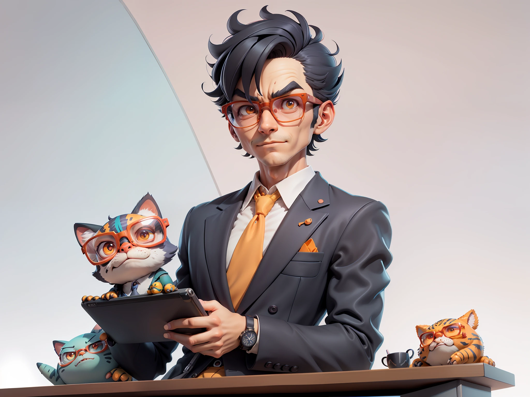 A young man in a suit, Short hair and glasses sat at his desk，holding laptop，digitial painting，tigre，3D character design by Mark Clairen and Pixar and Hayao Miyazaki and Akira Toriyama，4K HD illustration，Very detailed facial features and cartoon-style visuals。