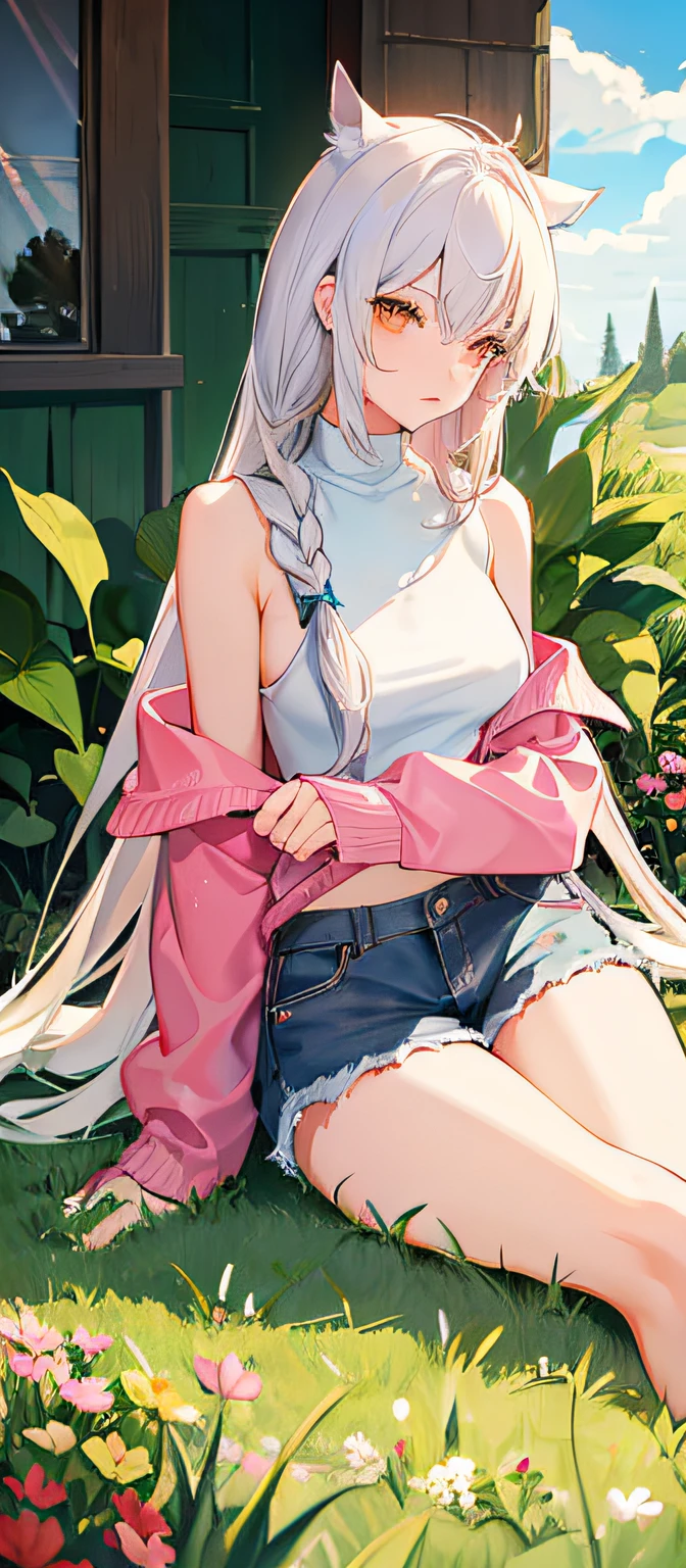 white panties,dual horsetail,Sit on grass,denimpants with pinksweater,cropped shoulders,Bare legged,with fair skin,Bare thighs,is shy,Raised sexy,Fuller,full bodyesbian