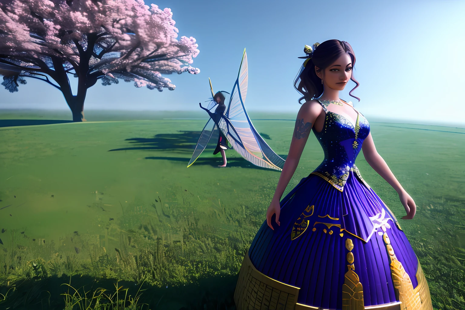 Two beautiful and exquisite HD wallpapers 3D costume beauties，In the background is a fairy tree surrounded by mist，Senchi standoff，There is a group of yokai behind him