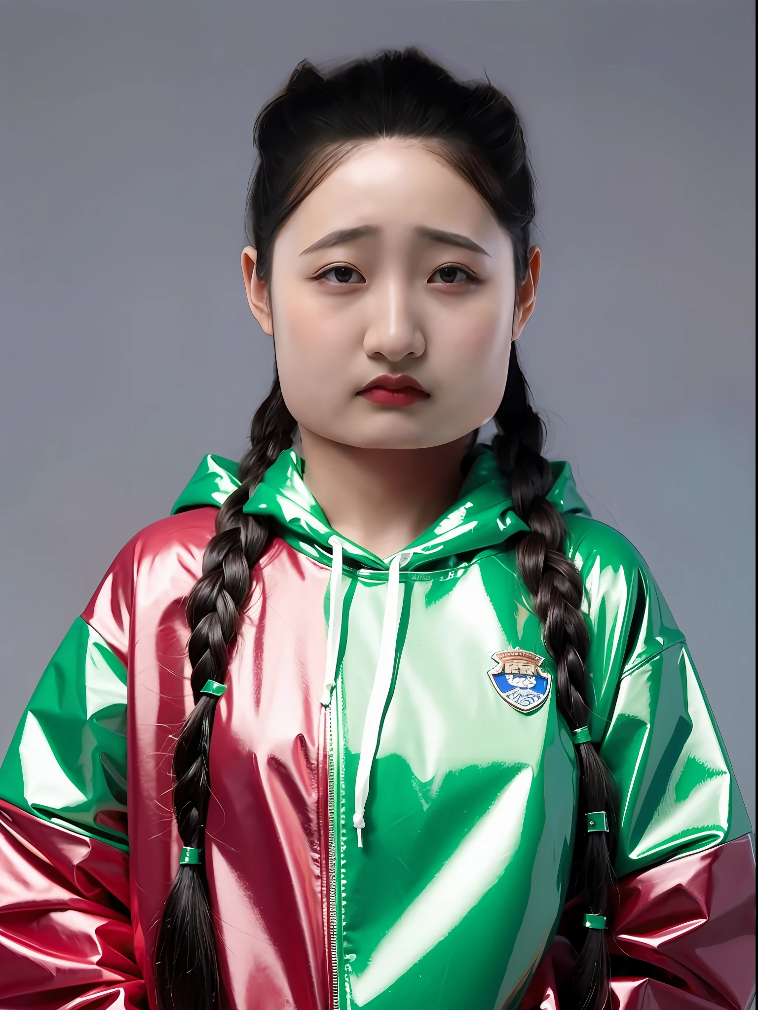 A Chinese high school girl，Wearing a green PVC sweatshirt，long braid
