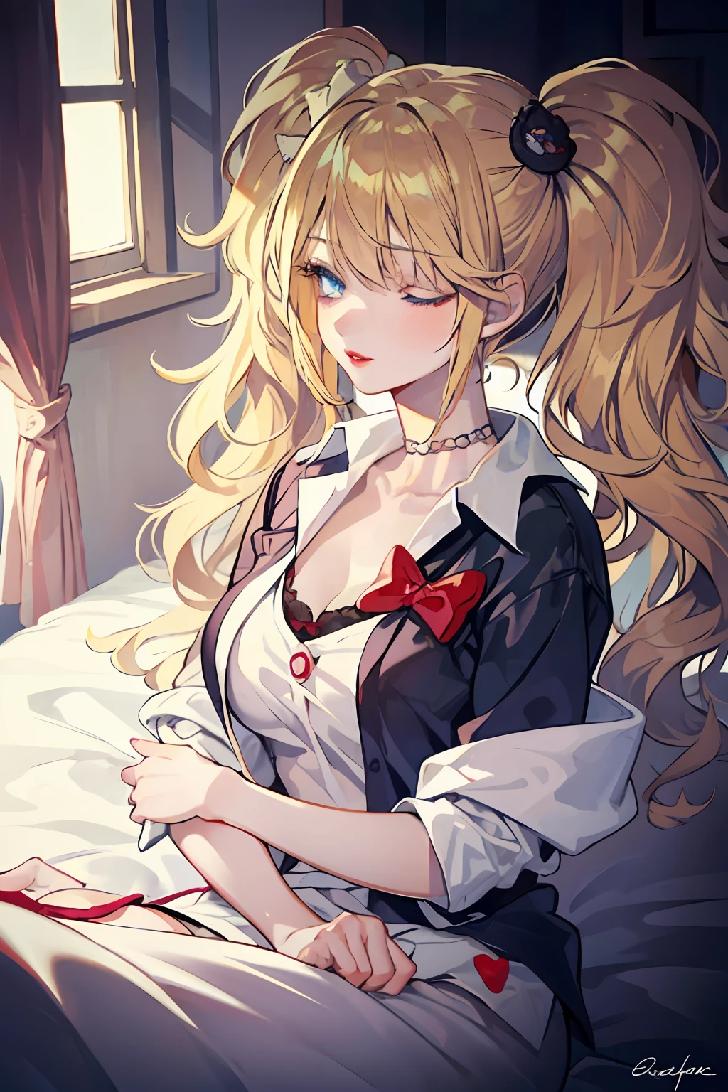 anime girl sleeping in the bed room in the morning , blue eye, blonde hair with pigtails , red lip ,
