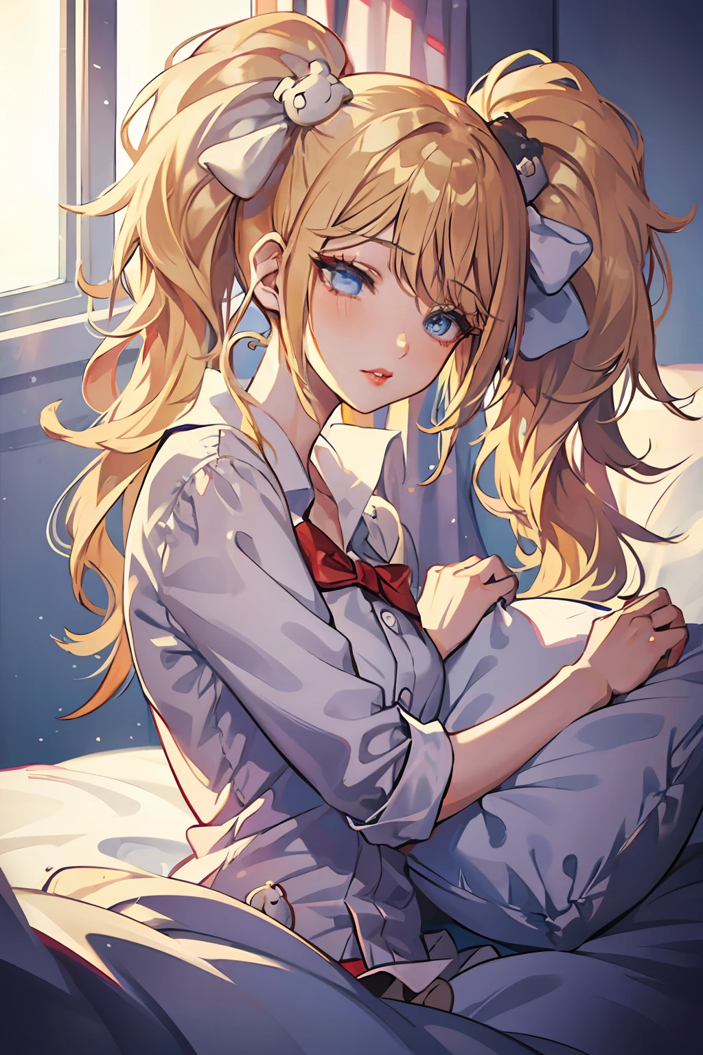 anime girl sleeping in the bed room in the morning , blue eye, blonde hair with pigtails , red lip ,