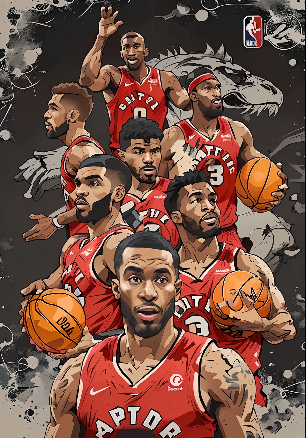 Close up of basketball player holding basketball, raptors, warriors fan art, inspired by Patrick Brown, official fanart, hyper detail illustration, posterized, Wallpaper phone, art cover illustration, closeup cleavage!!!!!!, official fan art, 1 : 1 hyper illustration, nba finals, official print, tom richmond illustration, illustrated!!, GTA, author：Mario Cooper