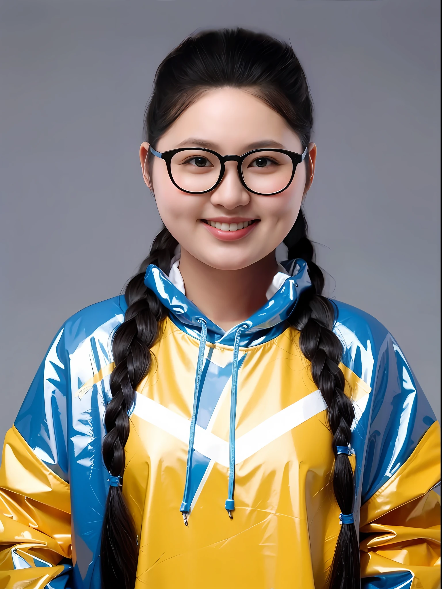 A Chinese high school girl,Wearing a blue PVC sweatshirt,long braid