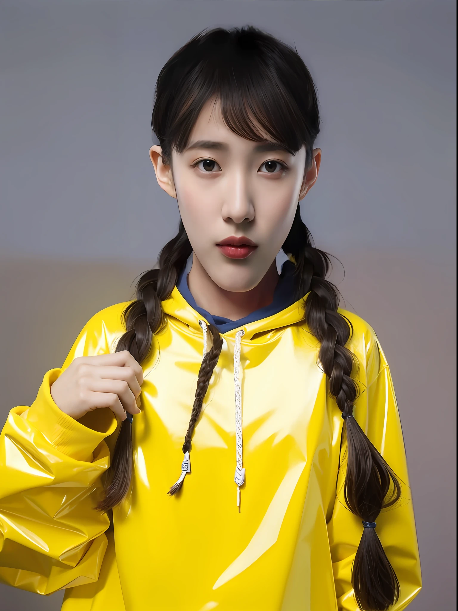 A Chinese high school girl,Wearing a yellow PVC sweatshirt,long braid