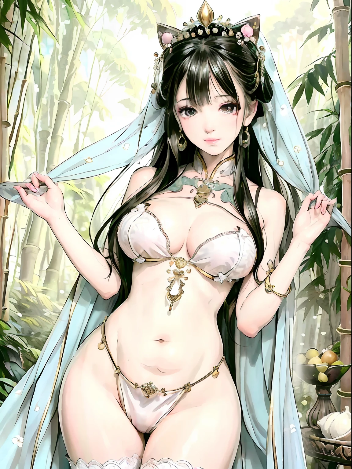 tmasterpiece,4K,ultra - detailed,1girll,young woman of 20 years,Exquisite facial features,s the perfect face,Big breasts,Exposed milk,Show long legs,ssmile,light make-up,head gear,Hanfu,belly-bar,bamboo forrest,ink wash style,Meticulous