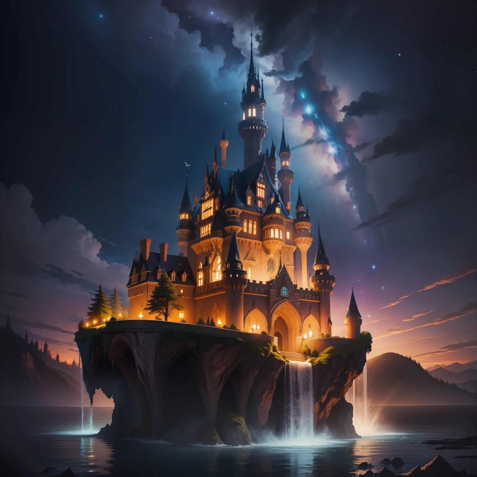 Fairytale castle on a floating island, surrounded by stars, during a meteor storm. The castle is decorated with glass towers, from which a cascade of magical waterfall flows, painted in rainbow tones