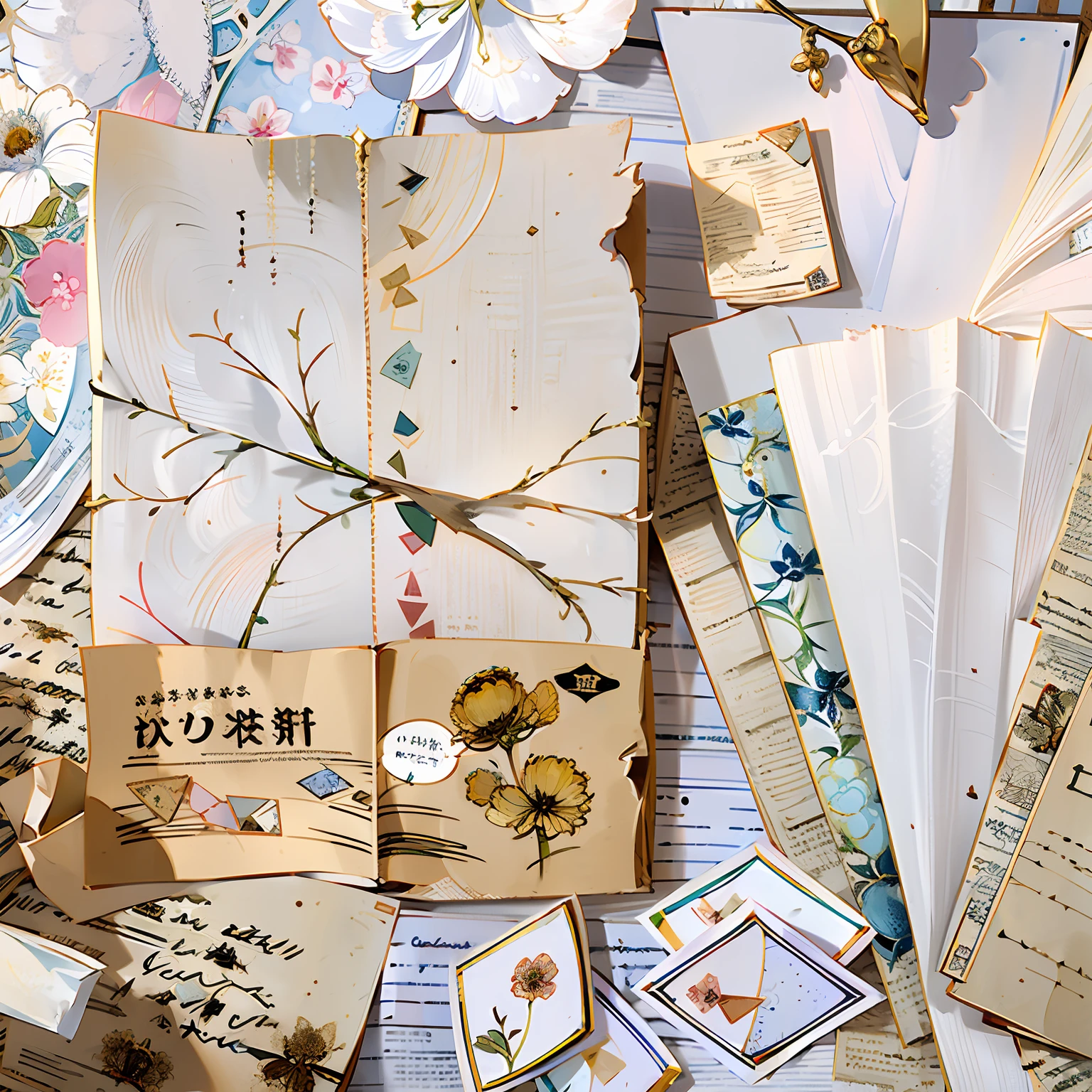 There are many different types of paper and cards on the table, botanical herbarium paper, delicate garden on paper, Old vintage paper, on a botanical herbarium paper, Dyed paper, retro aesthetic, high quality paper, vintage muted colors, Cream paper, Watercolor paper, documents on desk, Random, Watercolor paper, 5 e, Faded parchment
