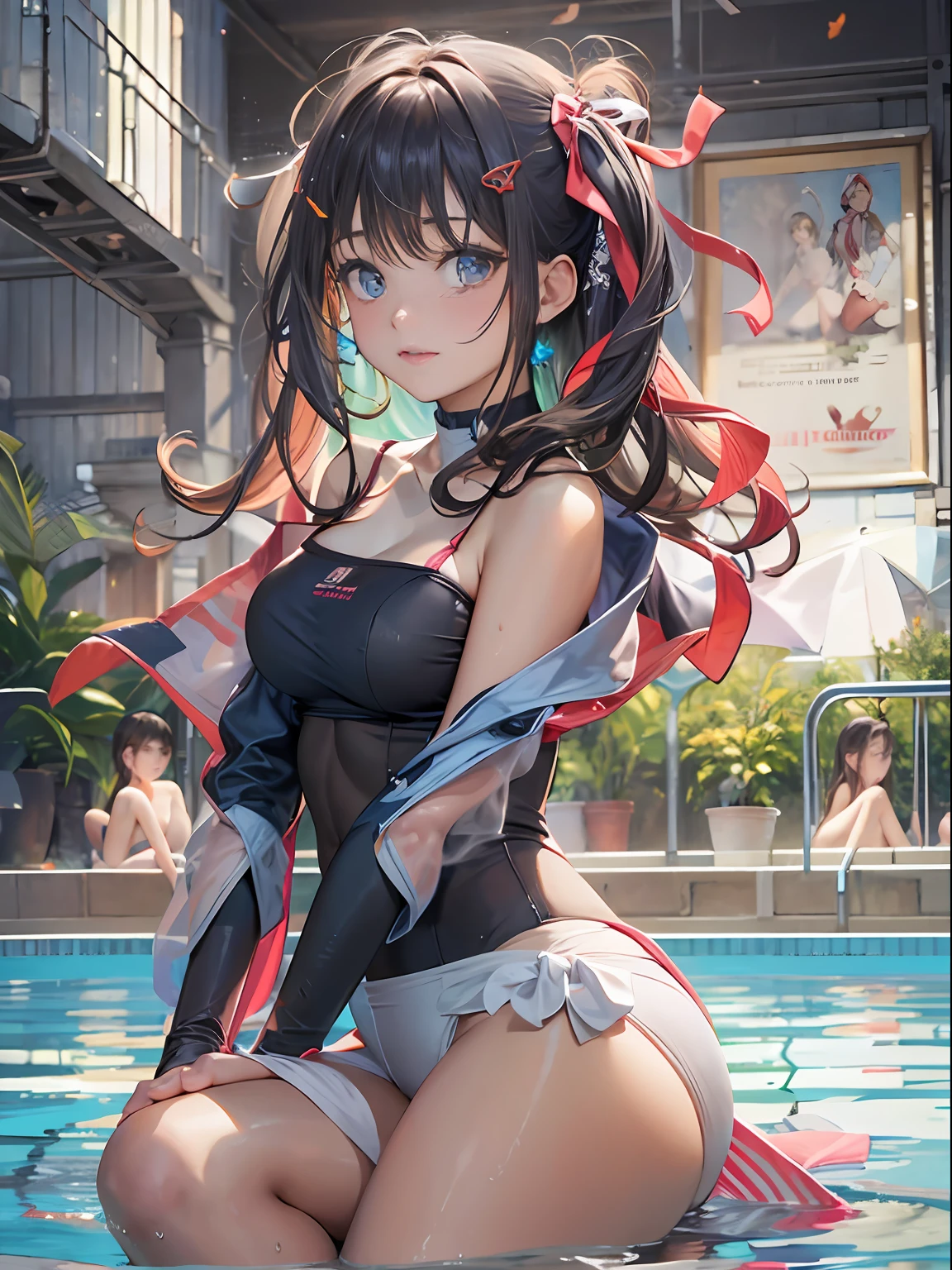 in 8K,​masterpiece、top-quality、The ultra -The high-definition、Top resolution、ighly detailed、profetional lighting、pretty skin、a very cute、Young 、cleavage of the breast、Underbust、Hands on the chest, A dark-haired、semi long hair、Hair Ribbon、blue eyess、red blush、(Sit on the ground:1.1)、Opening legs、raise her legs、 a navel、frombelow、a wet body、swim wears、 swimming pools、 (the wind:1.3),full bodyesbian