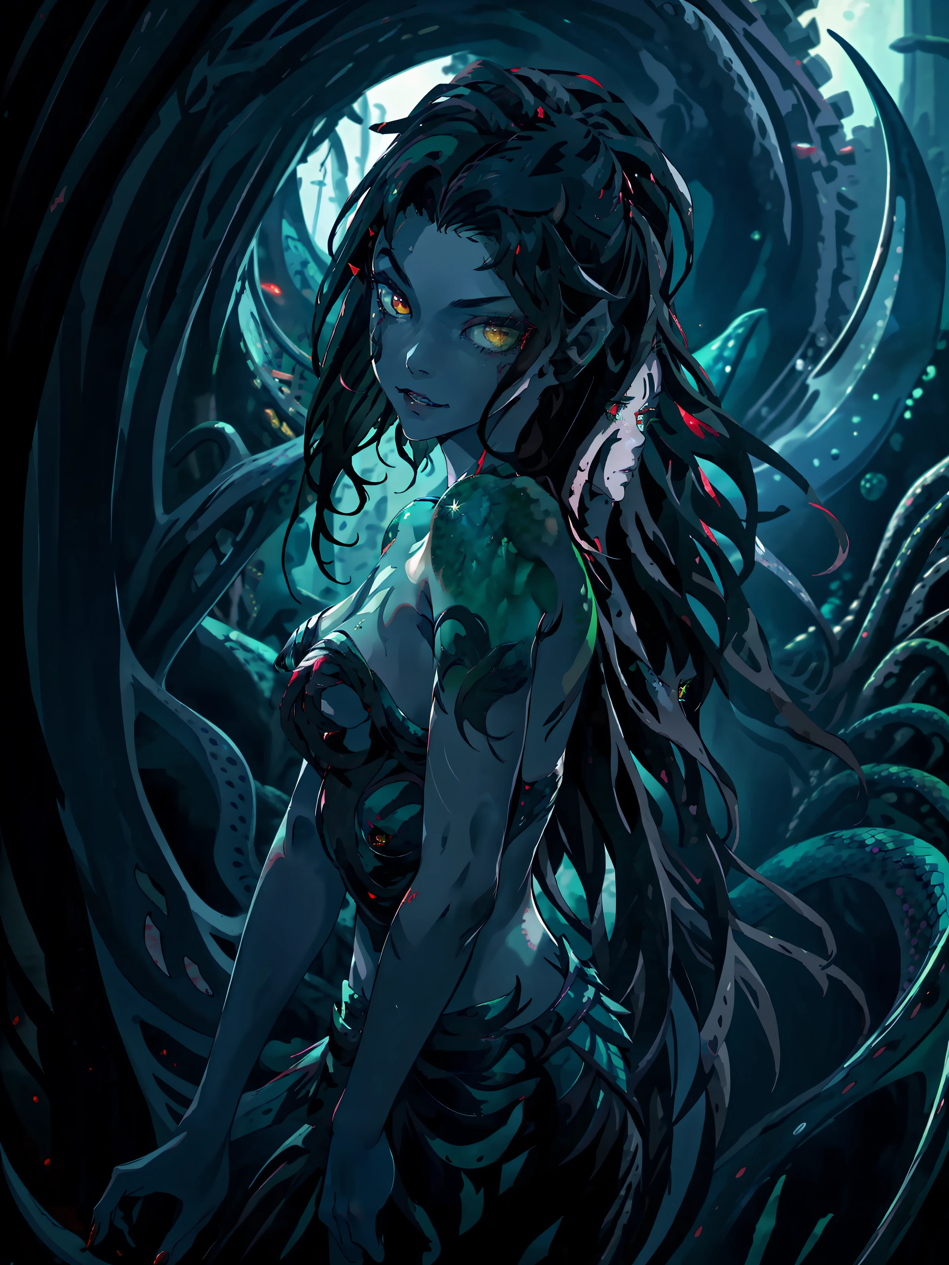 (masterpiece, best quality:1.2),bloody and sexy, beautiful face,Gray-green skin,mermaid, highly detailed, {best quality}, {{depth of field}}, illustration, solo, sharp focus, {{character {1 girl, }}, (black straight hair:1.6),(hair is straight and loose), light smile, beautiful detailed eyes, sharp teeth, {looking at viewer}, {li},{masterpiece illustration},full body, normal angle,horror art, creepy, blood,beautiful form of chaos,ocean of blood, elegant, vivid colours, romanticism,an evil mermaid siren, bathing in a blood, maniacal laughter, atmospheric, death, decay, cool face, horror art, blood, colorful black,