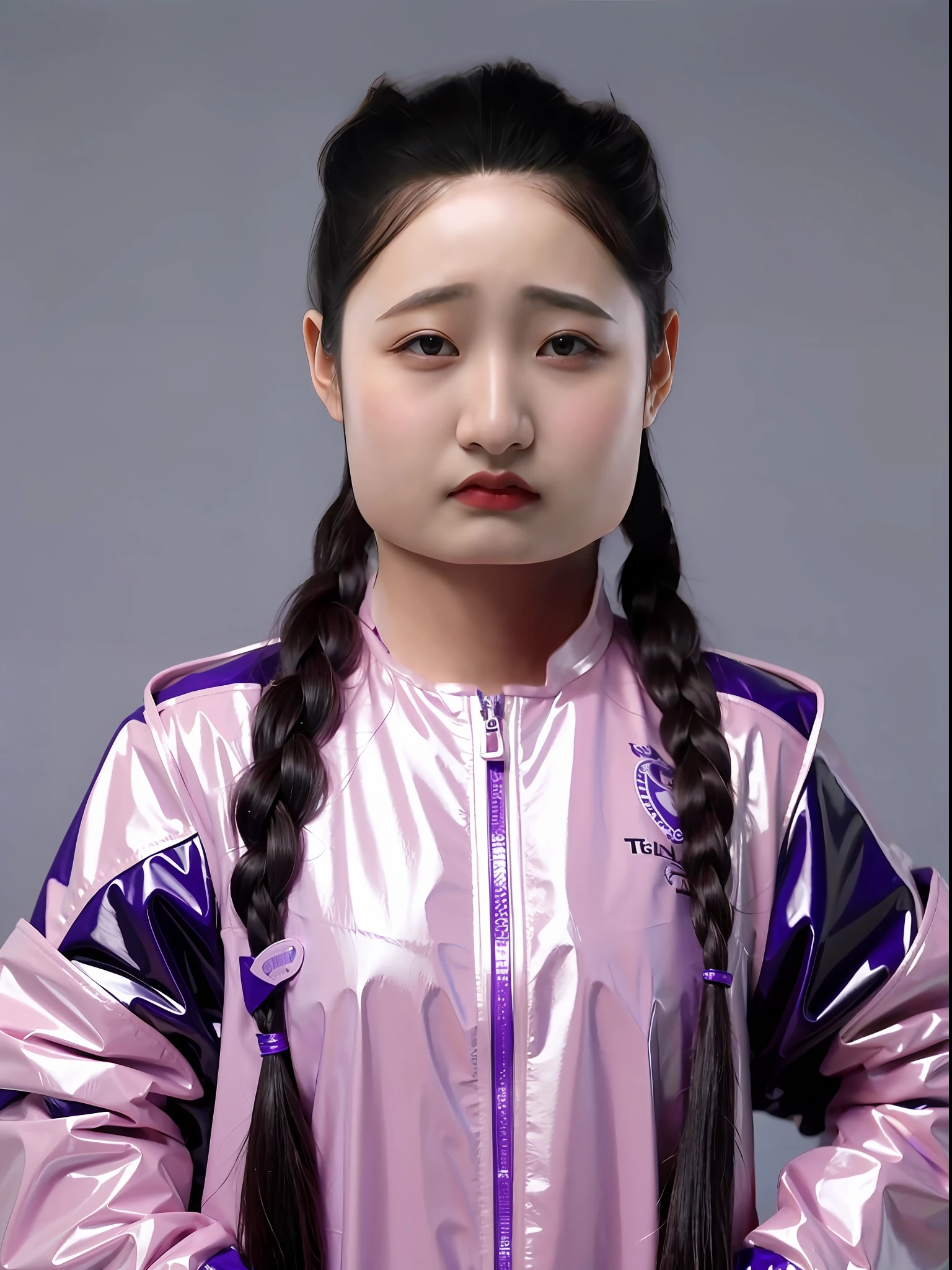A Chinese high school girl，Wear a purple tight PVC jacket，long braid