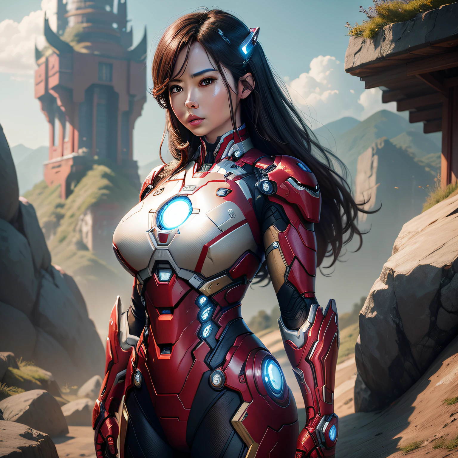 Iron Man from different countries in the eyes of AI,Chinese big breasts,nature backdrop,Chinese Dragon Steel Warframe,4k,