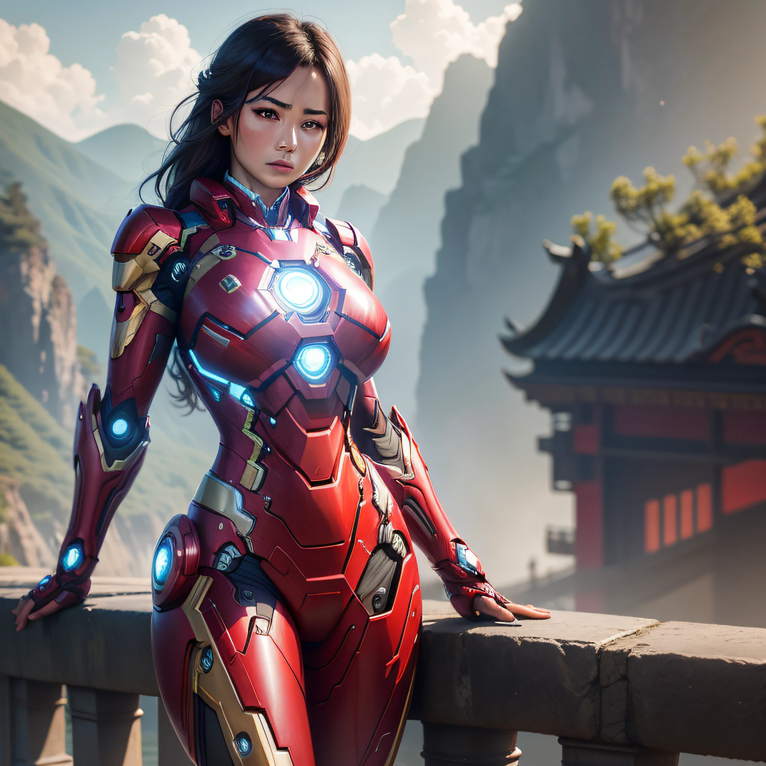 Iron Man from different countries in the eyes of AI,Chinese big breasts,nature backdrop,Chinese Dragon Steel Warframe,4k,