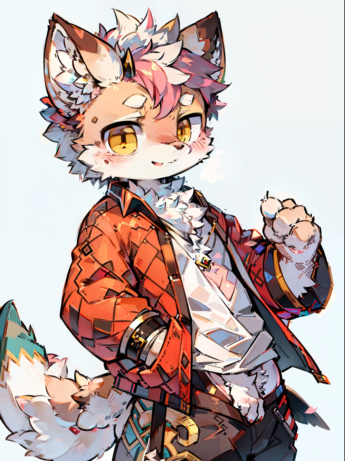 （1boys：1.3），neko boy，（shaggy：1.5），White fur，White cat ears，Golden eyes，whaite hair，bodyfur，hyper cute face，Shota，Cute beast too，Mari eyebrows，On the right forehead there is a downward-curved brown dragon horn as well as two small tapered dragon horns，Beautiful light and shadow，ambient lights，Ultra-detailed fur，full bodyesbian， lighting perfect， light particules， （tmasterpiece）， （ultra - detailed）， Sharp focus， light particules， niji， Eye God，short detailed hair， silber hair， Pink hair， ssmile， looking at viewert， ssmile， 独奏， hairy pubic， Animal ear villi， Open your clothes， Dragon tail（There are bristles at the ends），depth of fields， （best qualtiy） JW3，Wear green modern casual wear，Lilies in the background，Lily petals scattered everywhere