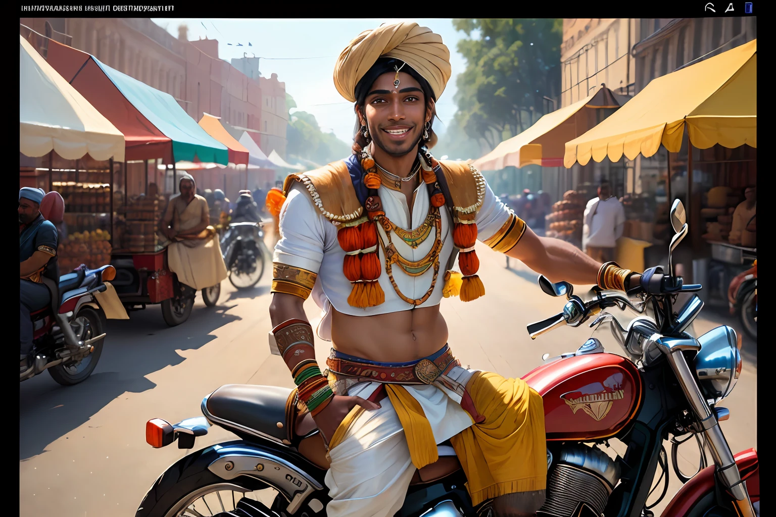 ((best quality)), ((masterpiece)), (detailed), 1boy, (Indian royalty:1.2), (riding a motorcycle:1.2), (busy Indian market at daytime:1.2), (photorealistic:1.3), (dark skin:1.1), perfect face, ((smiling and excited)), (ultra wide shot:1.2), (unreal engine:1.1), (8k resolution:1.2)
