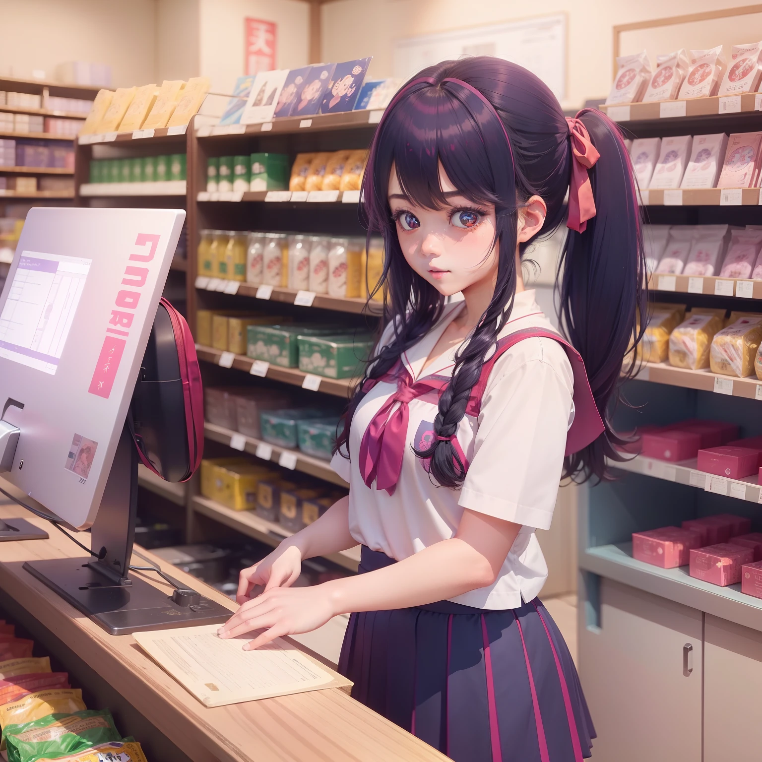 hi-school girl、Sukiya、Yamataka Bo、Twin-tailed、store clerk