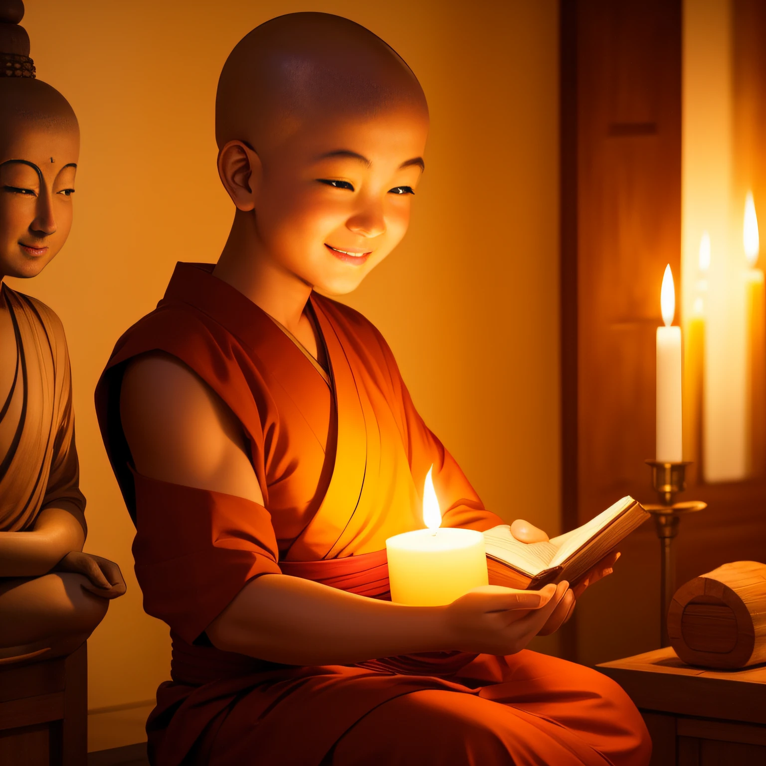 With a smile,Eyebrow beauty,A little monk without hair,Buddha statue sitting in front of the temple knocking wooden fish, buddhist monk, Buddhist, holding a candle, a serene smile, portrait shooting, ancient japanese monk, 2 1 st century monk, portrait of monk, kiddy big breasts, Glowing light, enlightening, monk, Spiritual enlightenment, 500px, 5 0 0 px, Serene expression