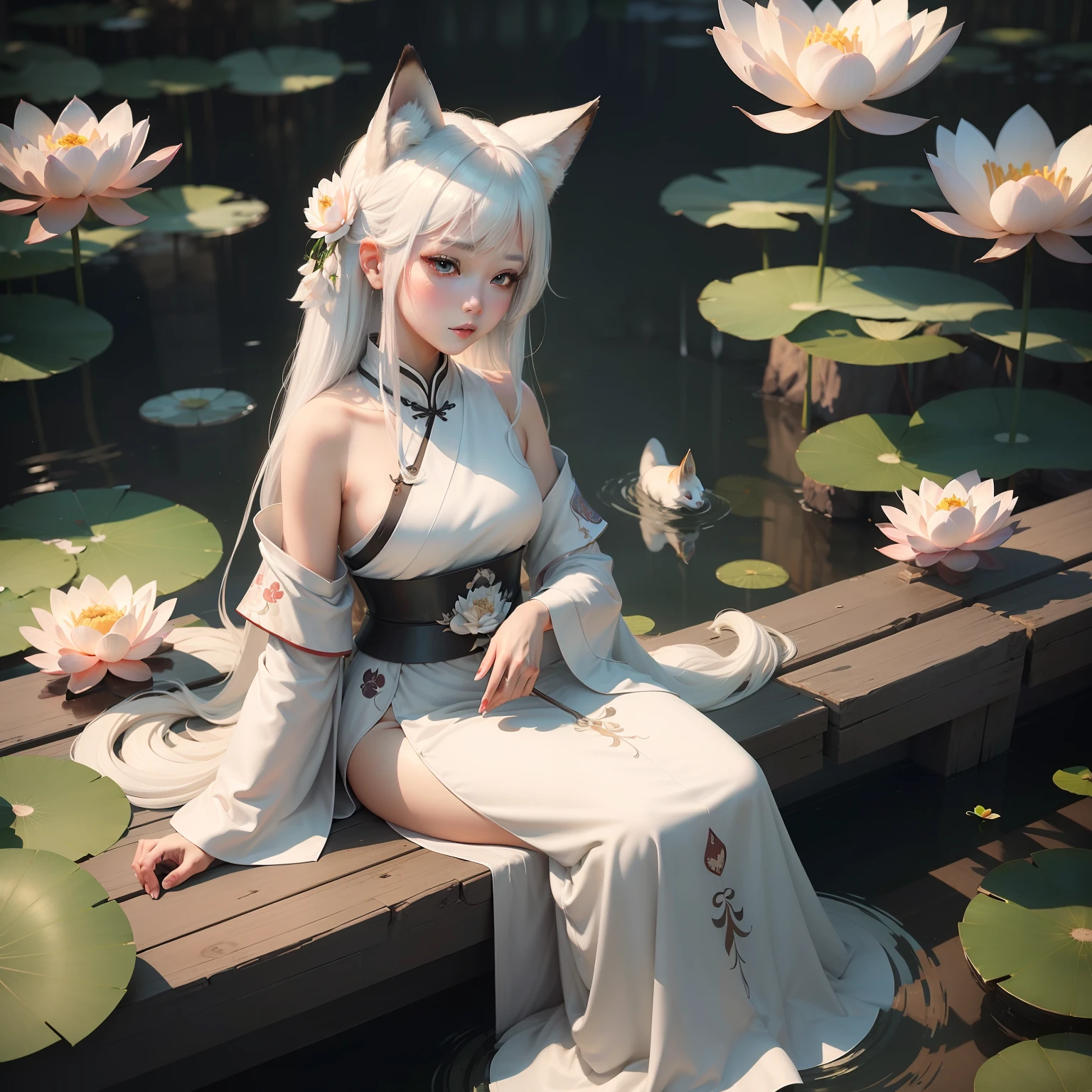 ((4k,masterpiece,best quality)), shuimobysim, Chinese painting, lotus, hanfu, maxiskit, dressed conservative 1 girl, solo, white hair, fox ears, white, fish, there are many fish near the girl, look at the audience, tease oneeshota,