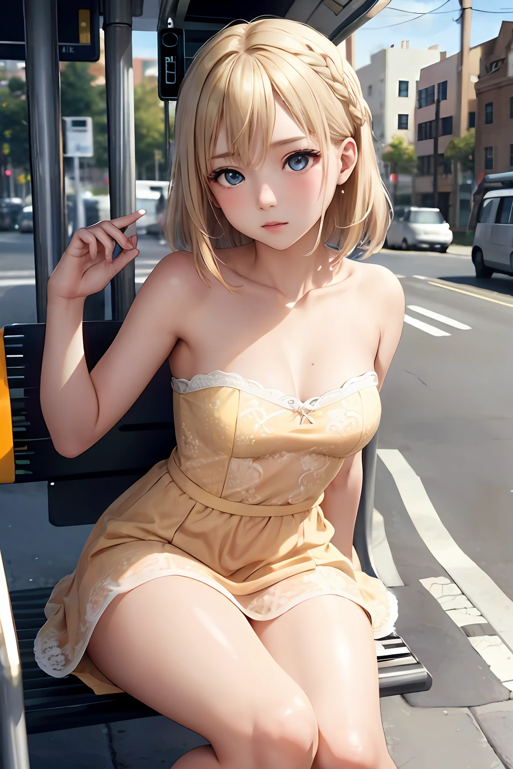 1girll,Light orange lace strapless dress, blond hairbl, sat on the ground, Wait for the bus, Bus stop, urban backdrop, perfect eyes, perfect hand, 超高分辨率, Movie Angle, Professional lighting, best qualtiy, tmasterpiece, Sideslit, Sharp, Perfect focus,Background bokeh,realisticlying,(Delicate eyes:1.3),realisticlying,(3D脸:1.1),(Glow skin:1.5),(Ultra-high resolution complex facial details),(Facial skin pores:1.3),Ultra-high ress fabric texture,8k eye details,8K pupils,