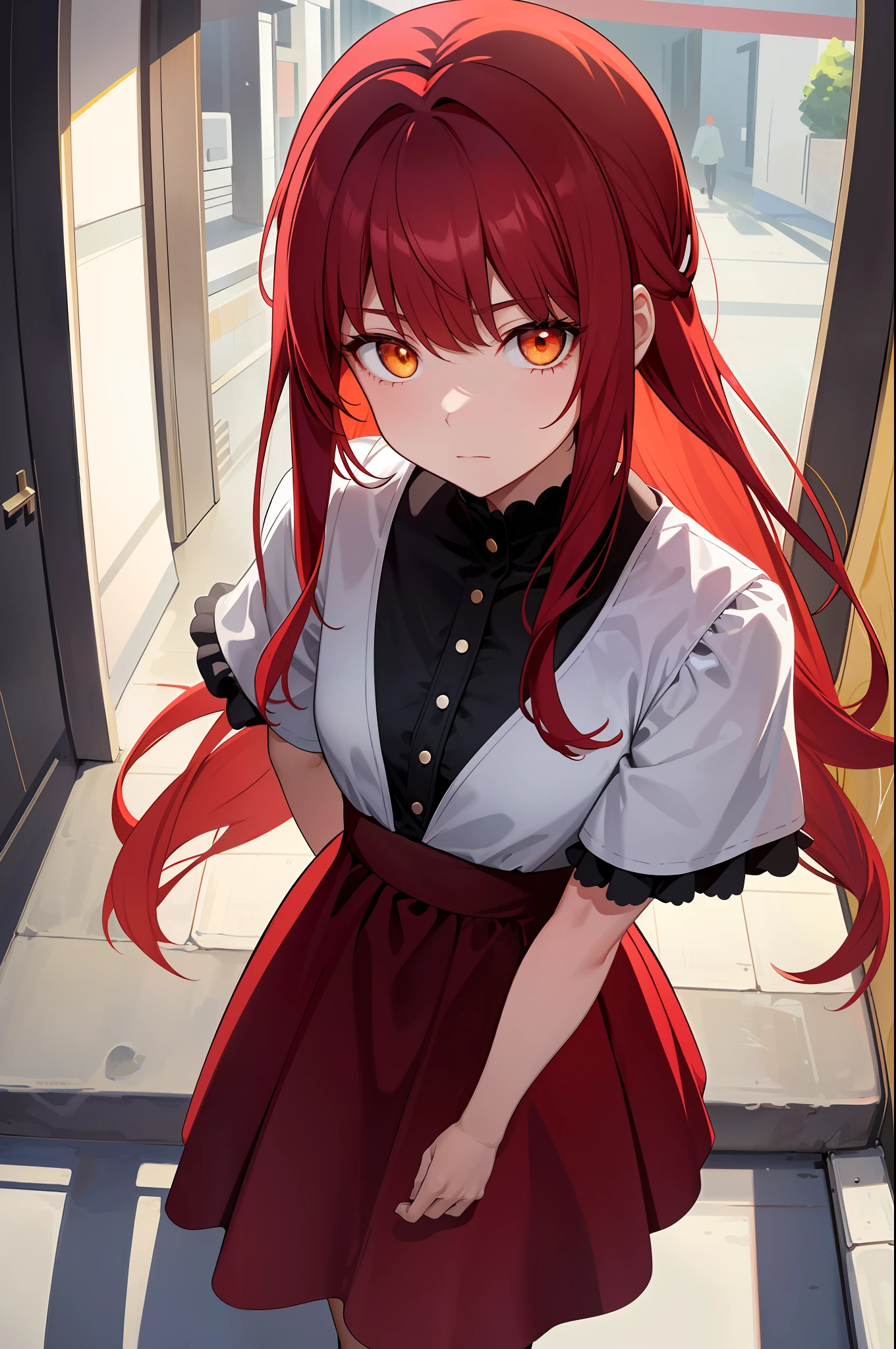 1 girl,From above, looking at viewert, after red hair, two sides up,Golden eyes,two sides up,two sides up,standing,Expressionless