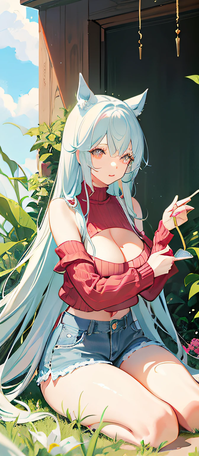 Lori huge breasts cleavage，white  panties，dual horsetail，Sit on grass，denimpants with pinksweater，cropped shoulders，Bare legged，with fair skin，Bare thighs，is shy，Raised sexy，Fuller